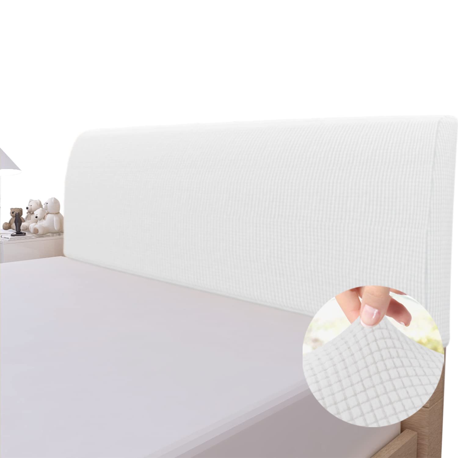 Easy-Going Stretch Bed Headboard Slipcover, Small Square Jacquard Furniture Cover, Dustproof Protector Cover for Bedroom Decor (Queen, Cream)