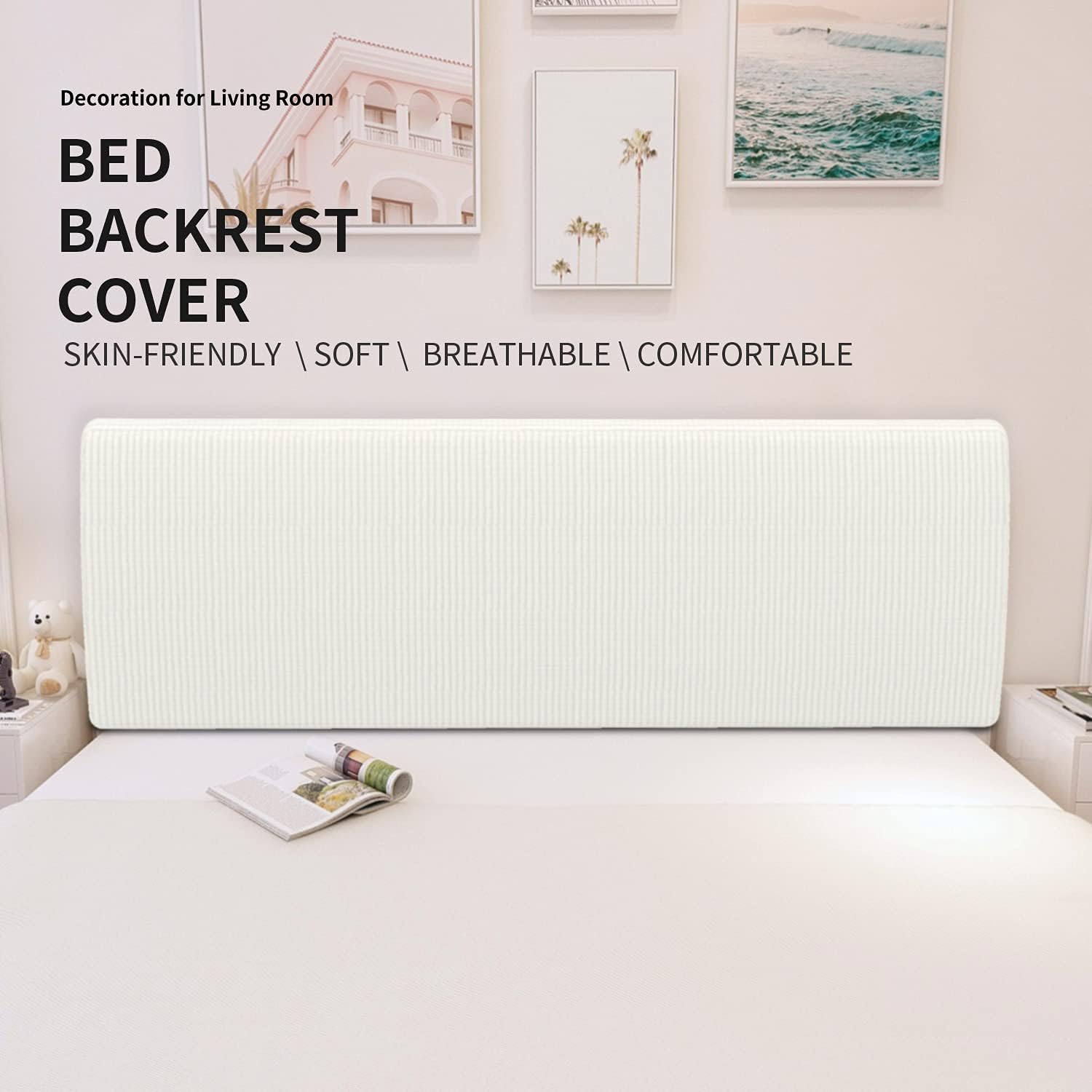 Easy-Going Stretch Bed Headboard Slipcover, Small Square Jacquard Furniture Cover, Dustproof Protector Cover for Bedroom Decor (Queen, Cream)