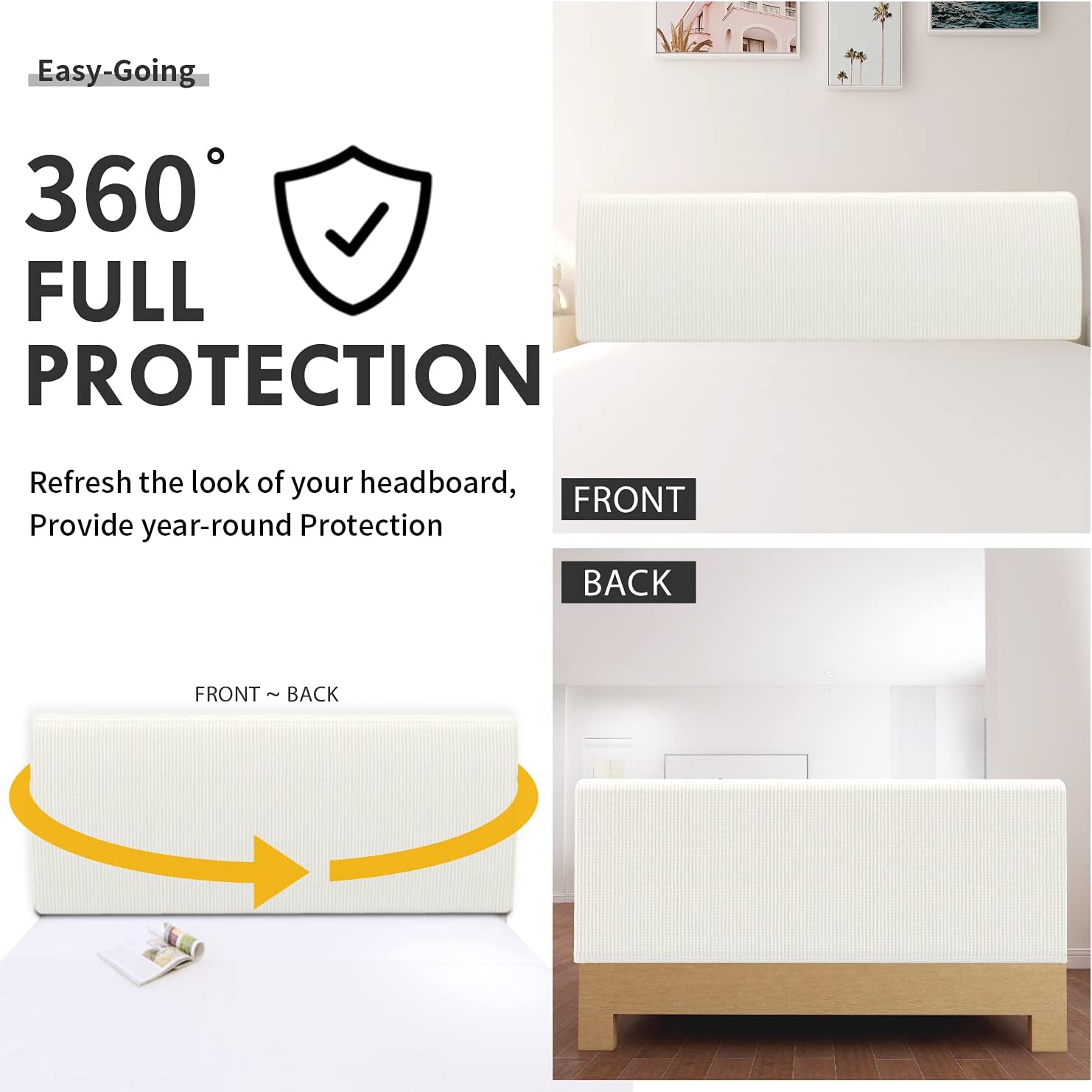 Easy-Going Stretch Bed Headboard Slipcover, Small Square Jacquard Furniture Cover, Dustproof Protector Cover for Bedroom Decor (Queen, Cream)