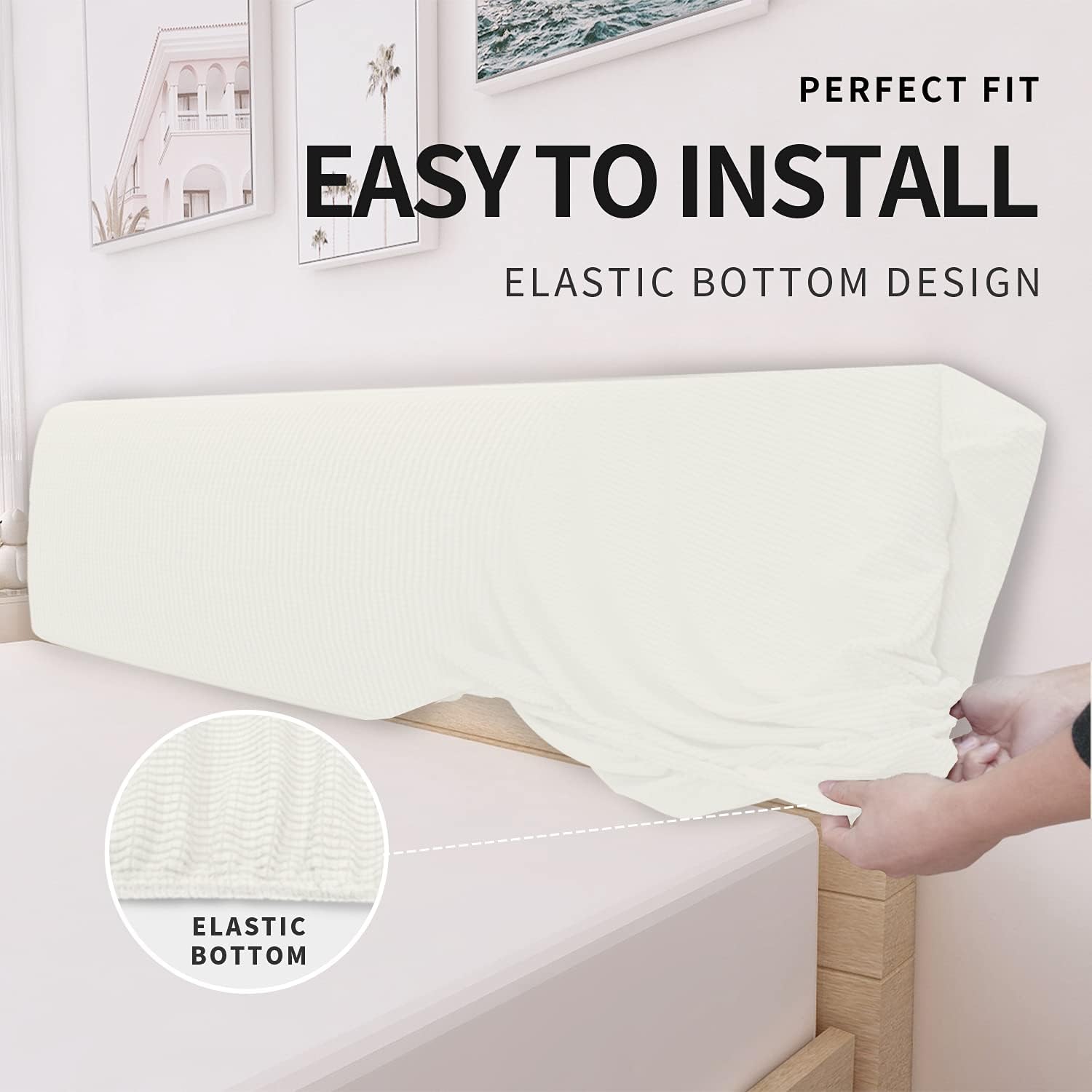 Easy-Going Stretch Bed Headboard Slipcover, Small Square Jacquard Furniture Cover, Dustproof Protector Cover for Bedroom Decor (Queen, Cream)