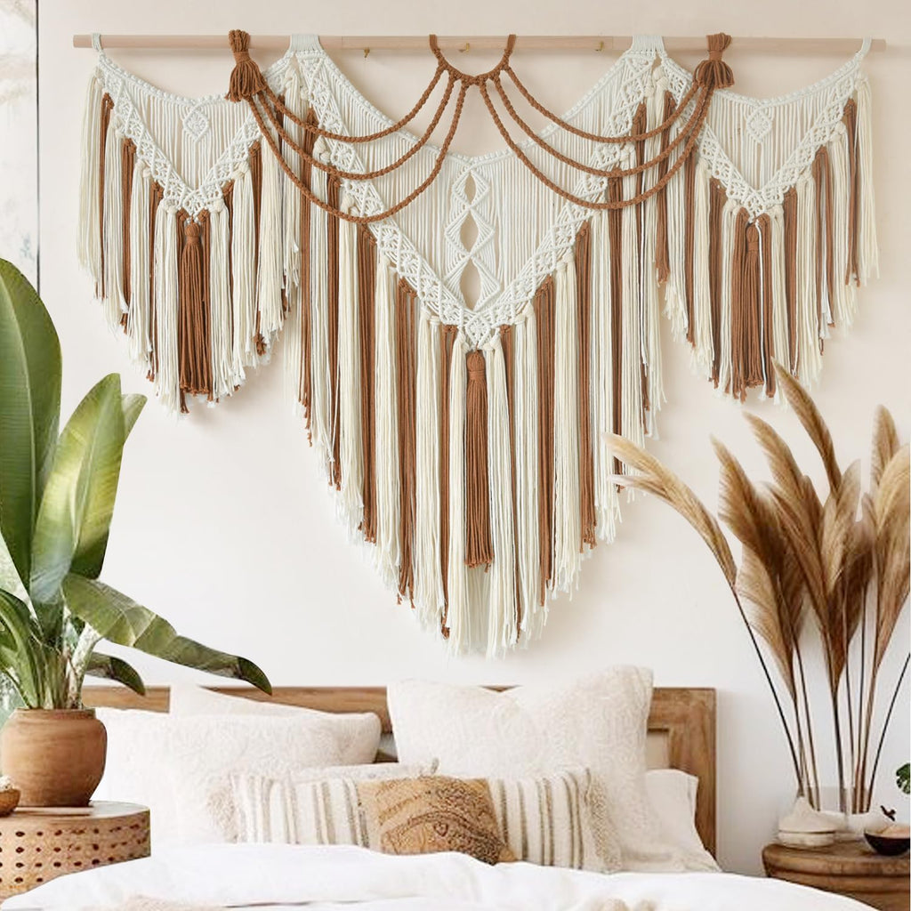 IOWER Boho Woven Wall Hanging Handwoven Brown and White Geometric Tapestry Handmade Macrame Decor for Modern Bedroom Living Room Apartment Office Home 47" W x 35" L