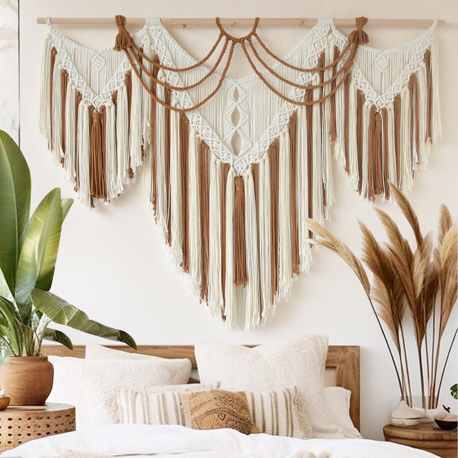 IOWER Boho Woven Wall Hanging Handwoven Brown and White Geometric Tapestry Handmade Macrame Decor for Modern Bedroom Living Room Apartment Office Home 47" W x 35" L