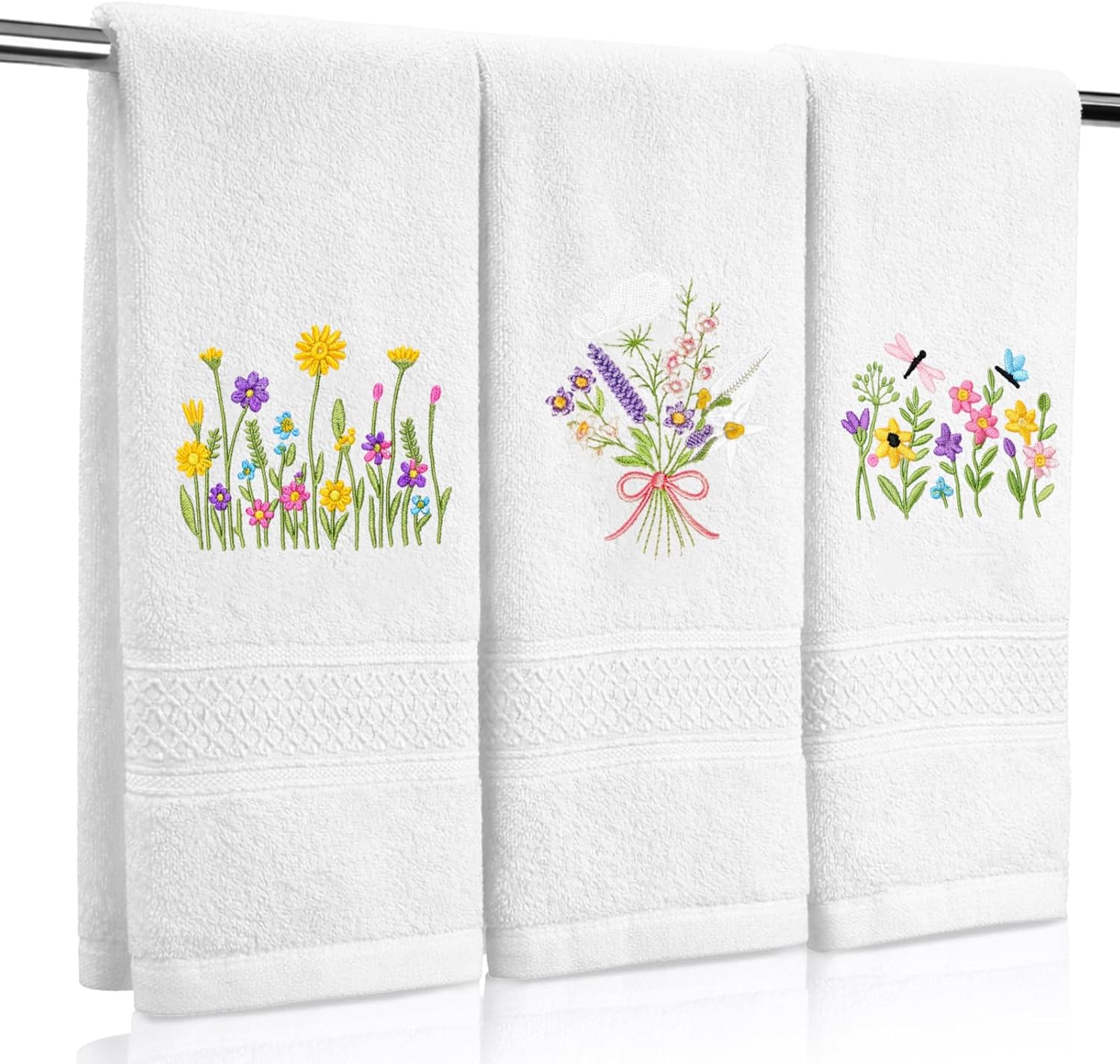3 Pcs Hand Towels for Bathroom Embroidered Cotton Kitchen Towels 13.3" x 29.5" Decors Gift(White,Spring Flowers)