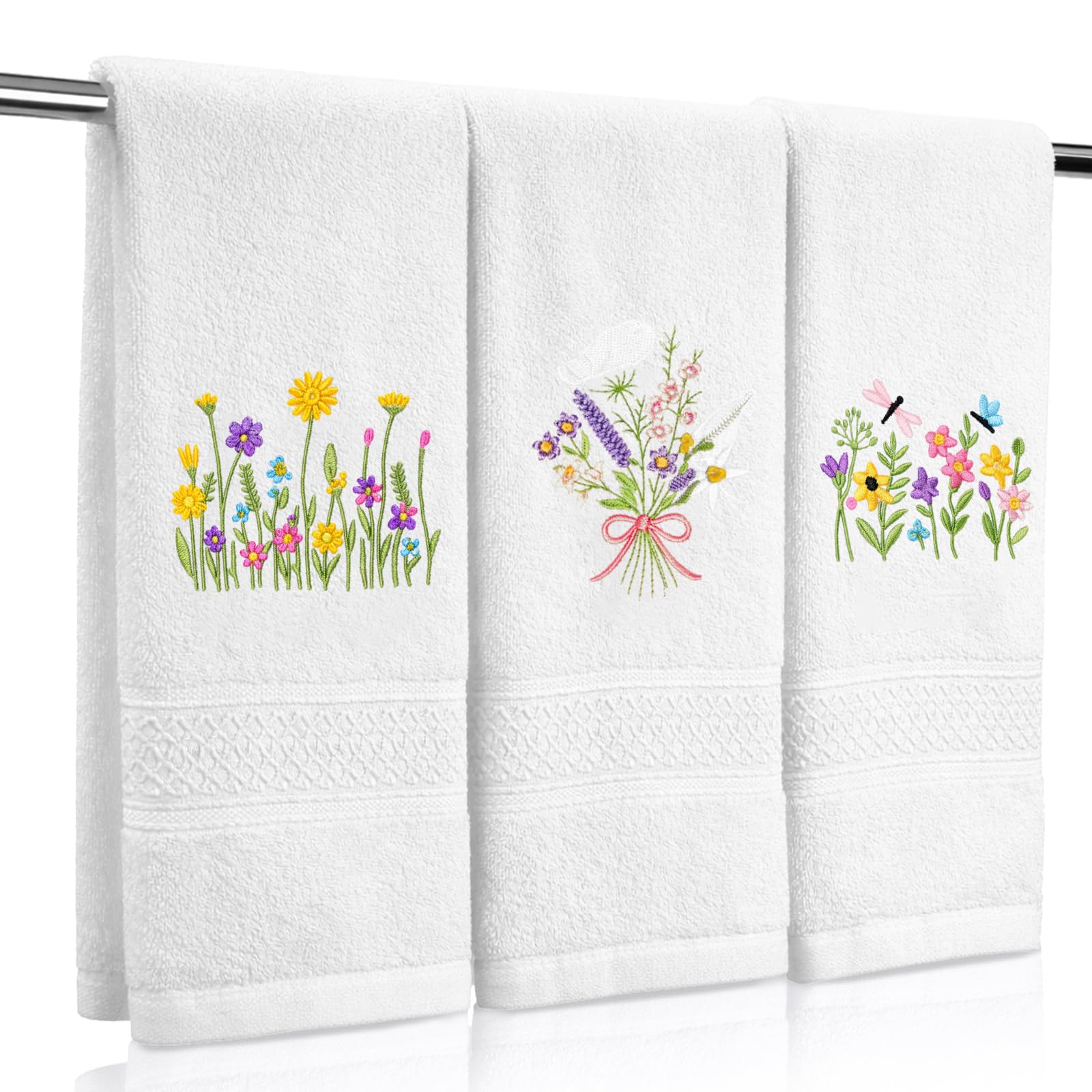 3 Pcs Hand Towels for Bathroom Embroidered Cotton Kitchen Towels 13.3" x 29.5" Decors Gift(White,Spring Flowers)