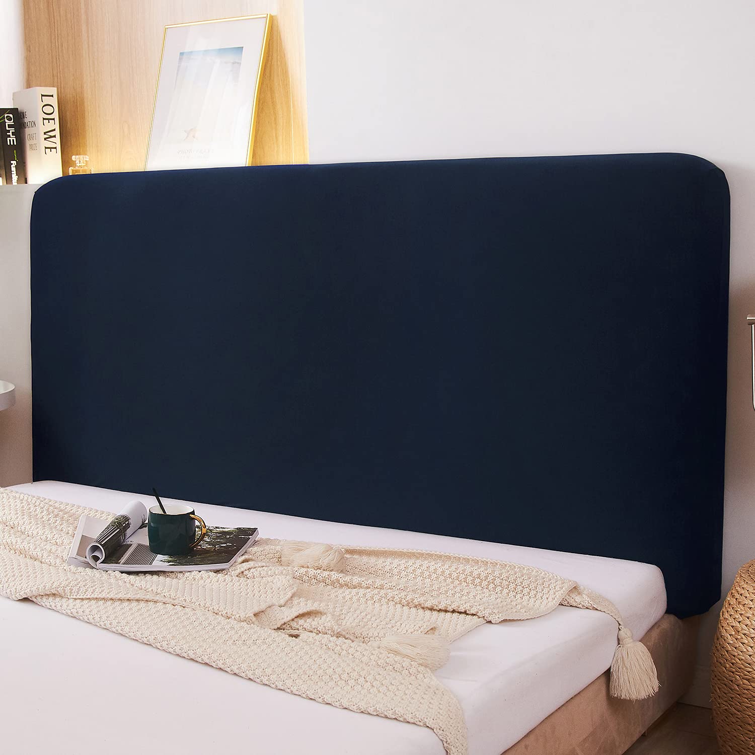 WOMACO Stretch Bed Headboard Slipcover 180 GSM Thick Fabric Solid Color Dustproof Bed Head Protector Cover for Bedroom Décor (Dark Gray, 59-67")