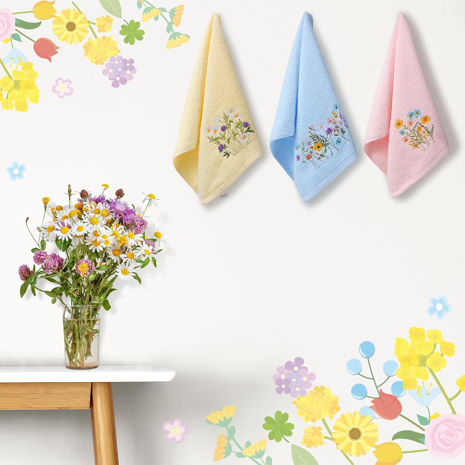 Wildflower Hand Towels Farmhouse Pink Blue Yellow Wildflower Bathroom Decor 14x29 Inch Embroidered Decorative Cute Spring Summer Cotton Soft Absorbent Towels for Bathroom Kitchen