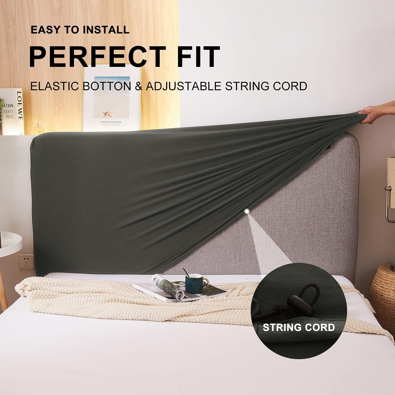 WOMACO Stretch Bed Headboard Slipcover 180 GSM Thick Fabric Solid Color Dustproof Bed Head Protector Cover for Bedroom Décor (Dark Gray, 59-67")