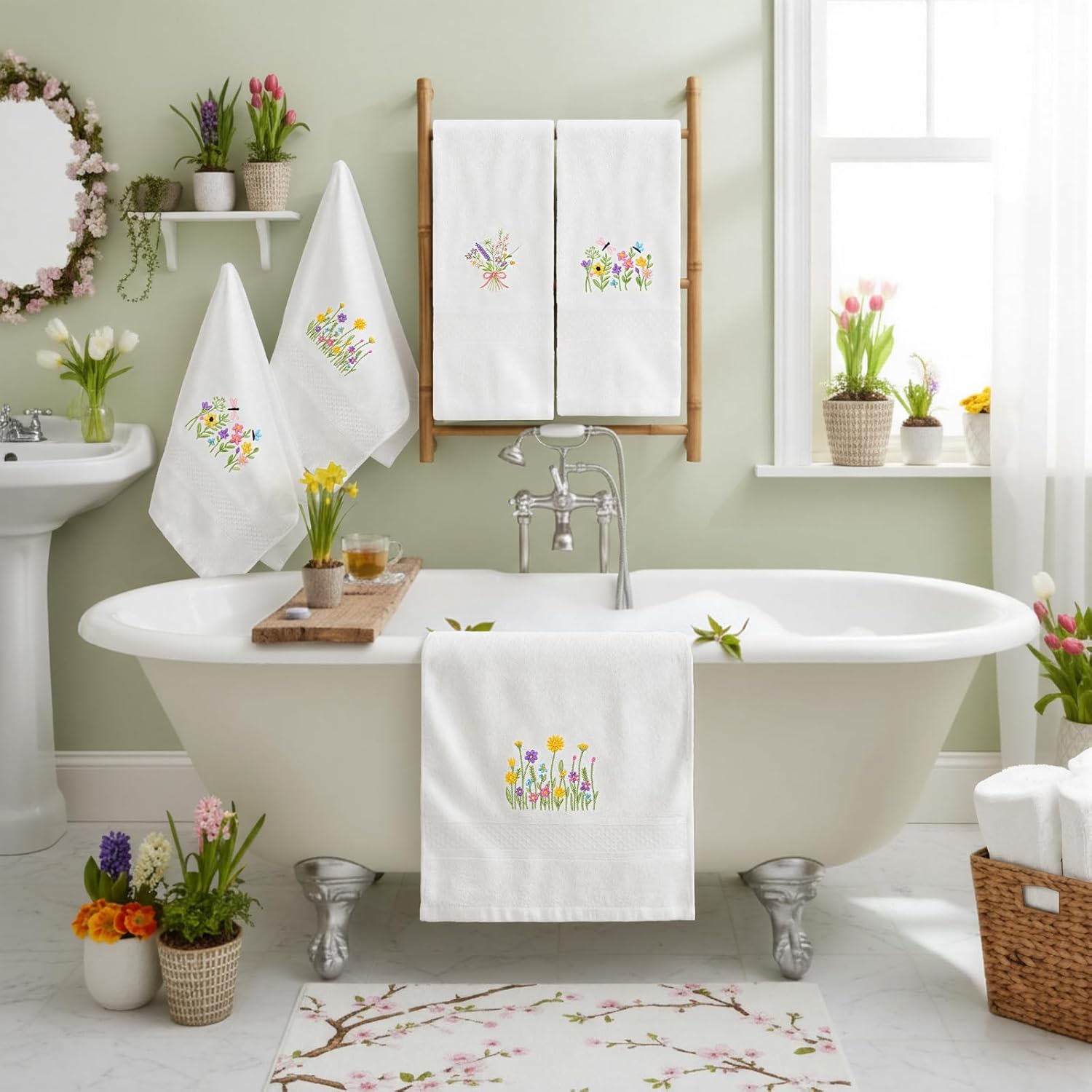 3 Pcs Hand Towels for Bathroom Embroidered Cotton Kitchen Towels 13.3" x 29.5" Decors Gift(White,Spring Flowers)