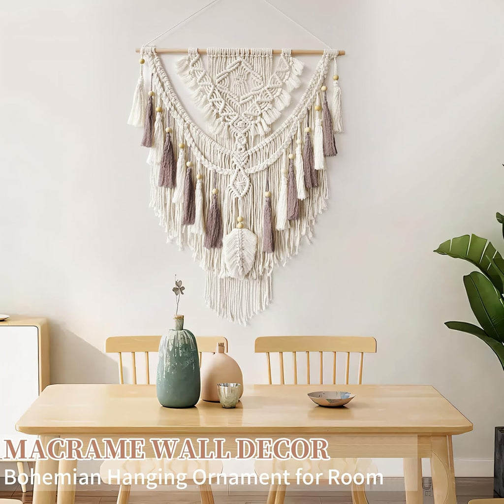 Macrame Wall Hanging, Woven Tapestry Beige & Dusty Rose Handmade Craft Macrame Wall Decor, Gallery & Nursery, Size 37.4” Lx27.5” W