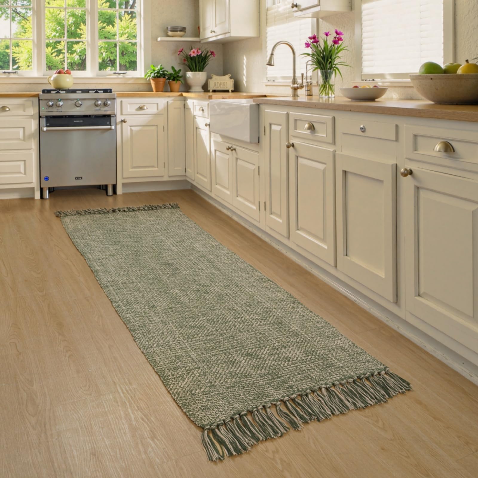 Collive Small Bathroom Rug, 2' x 3' Hand-Woven Low Profile Front Entryway Rug, Olive Green/Cream Cotton Reversible Washable Kitchen Mat Modern Farmhouse Carpet for Foyer Bedroom Back Door Decor