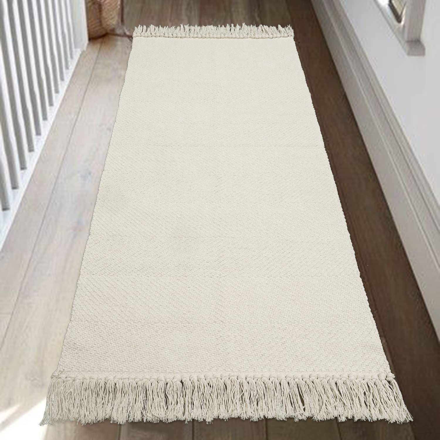 Collive Small Bathroom Rug, 2' x 3' Hand-Woven Low Profile Front Entryway Rug, Olive Green/Cream Cotton Reversible Washable Kitchen Mat Modern Farmhouse Carpet for Foyer Bedroom Back Door Decor