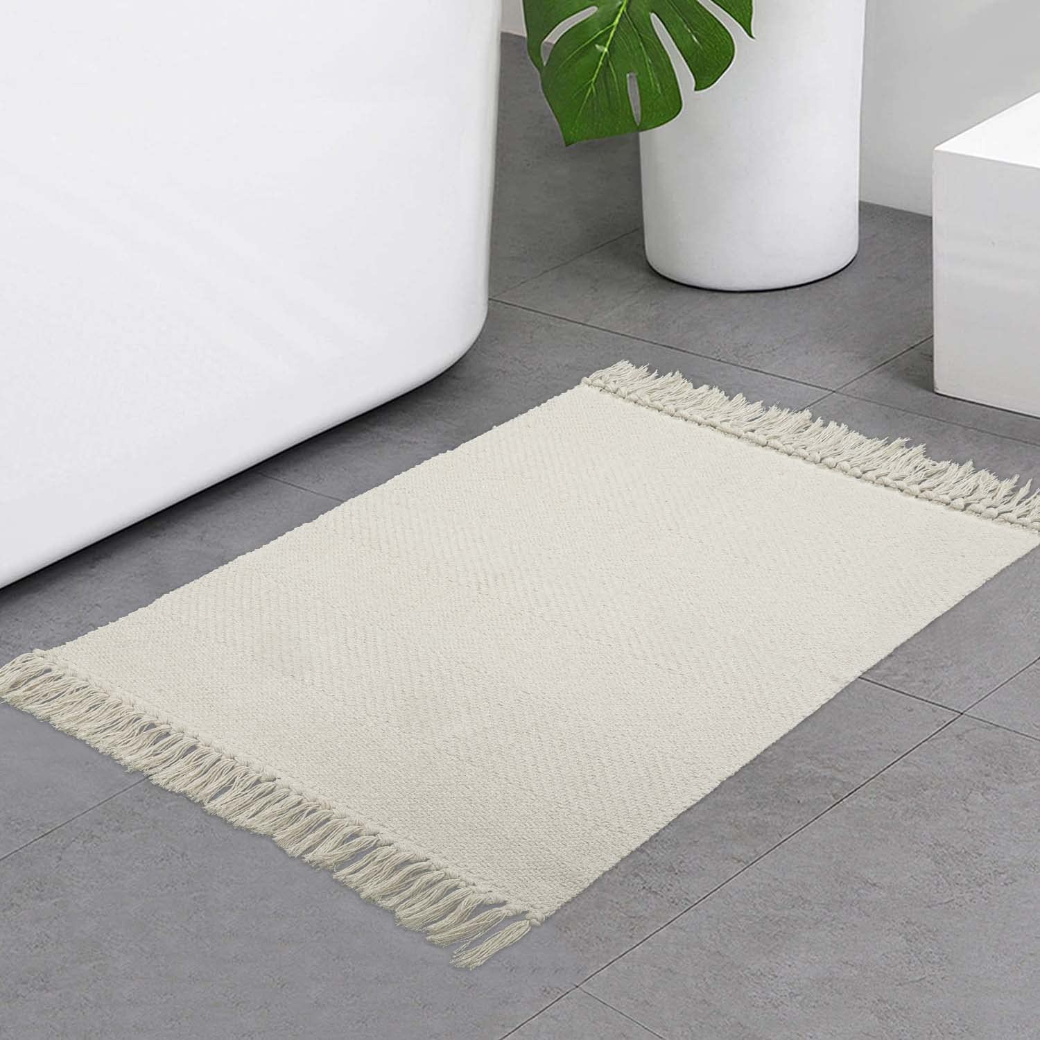 Collive Small Bathroom Rug, 2' x 3' Hand-Woven Low Profile Front Entryway Rug, Olive Green/Cream Cotton Reversible Washable Kitchen Mat Modern Farmhouse Carpet for Foyer Bedroom Back Door Decor