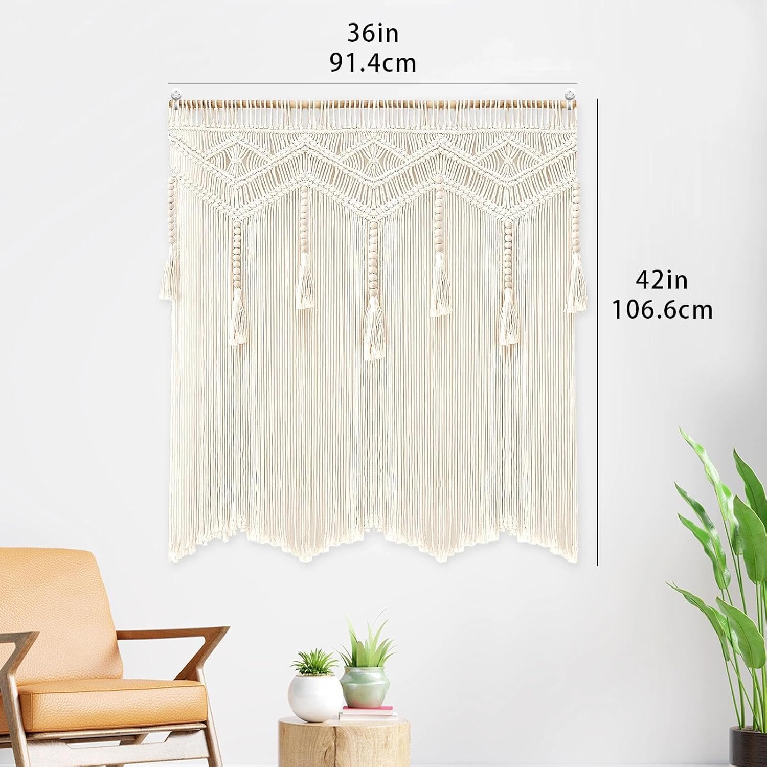 onaner Boho Wall Macrame Hanging with Wooden Rod,Boho Wall Hangings Woven Tapestry,Natural Cotton Handwoven Tapestry,Macrame Decor for Windows,Walls,and Above Bed Decor,36"x42"