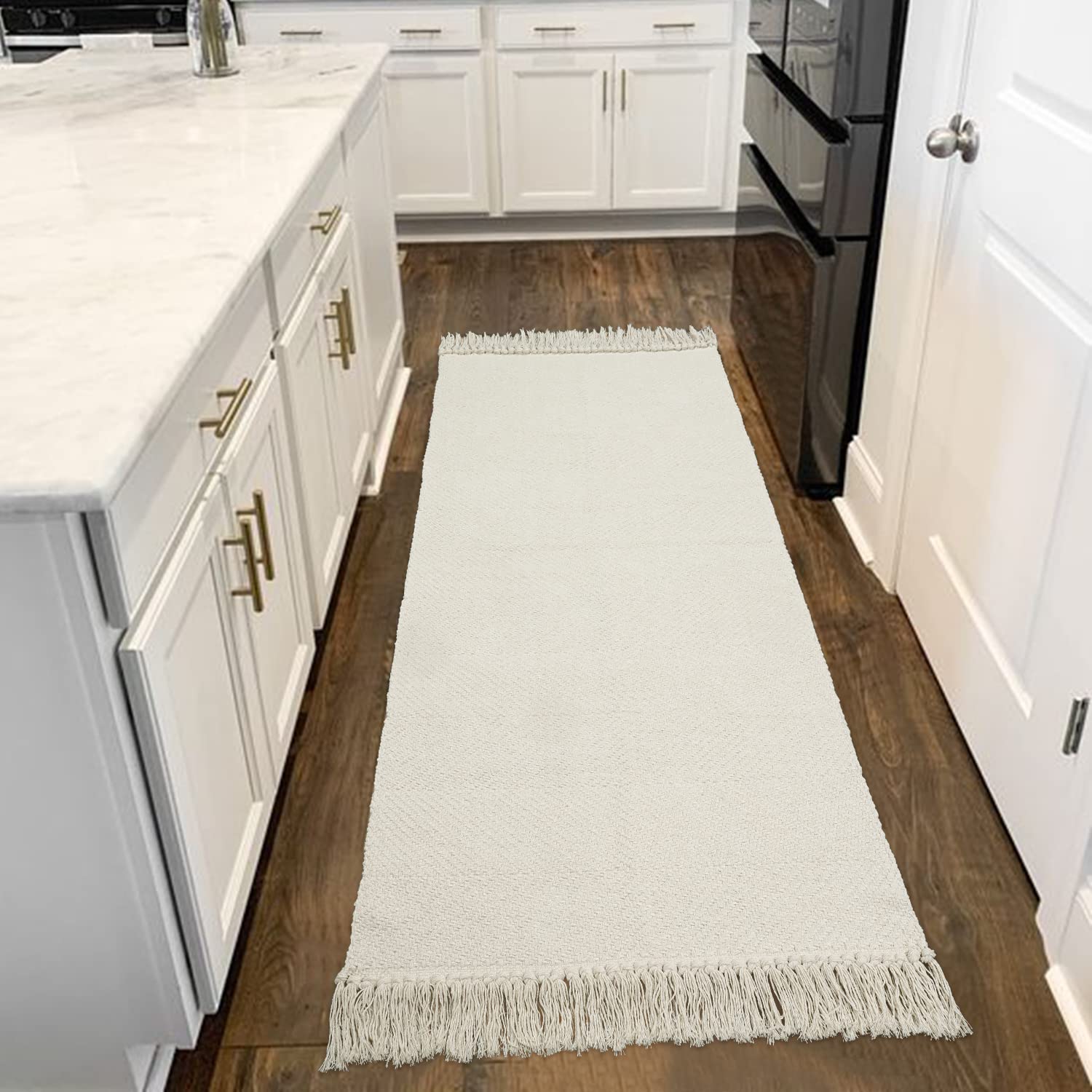 Collive Small Bathroom Rug, 2' x 3' Hand-Woven Low Profile Front Entryway Rug, Olive Green/Cream Cotton Reversible Washable Kitchen Mat Modern Farmhouse Carpet for Foyer Bedroom Back Door Decor