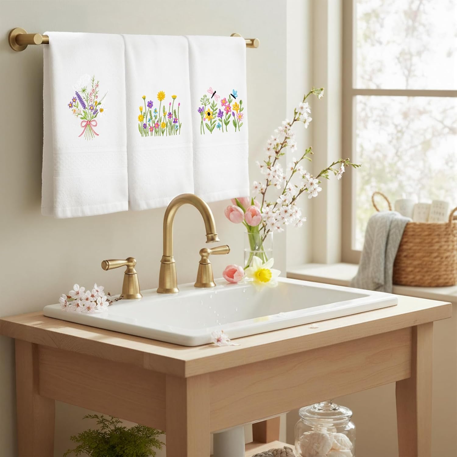 3 Pcs Hand Towels for Bathroom Embroidered Cotton Kitchen Towels 13.3" x 29.5" Decors Gift(White,Spring Flowers)
