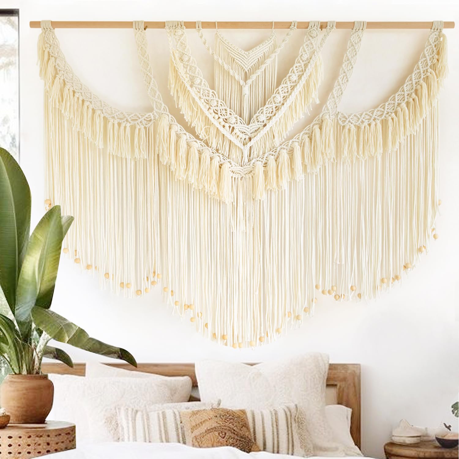 IOWER Boho Woven Wall Hanging Handwoven Brown and White Geometric Tapestry Handmade Macrame Decor for Modern Bedroom Living Room Apartment Office Home 47" W x 35" L