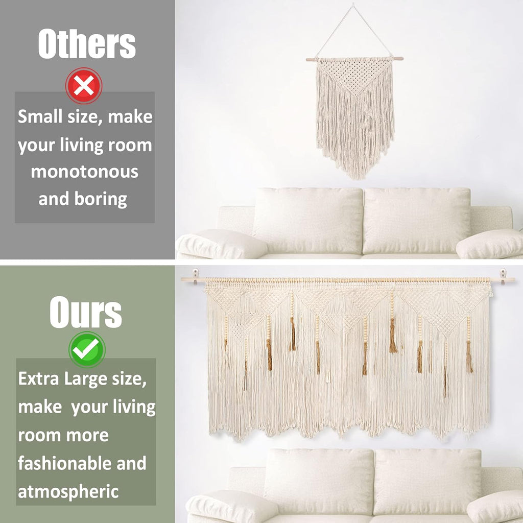 Extra Large Macrame Wall Hanging 70.8" × 39" Boho Tapestry Woven Decor- Cotton Tassel Curtain Beige Chic Bohemian Wall Art for Home Living Room Bedroom Dorm Wedding (Includes Rod)