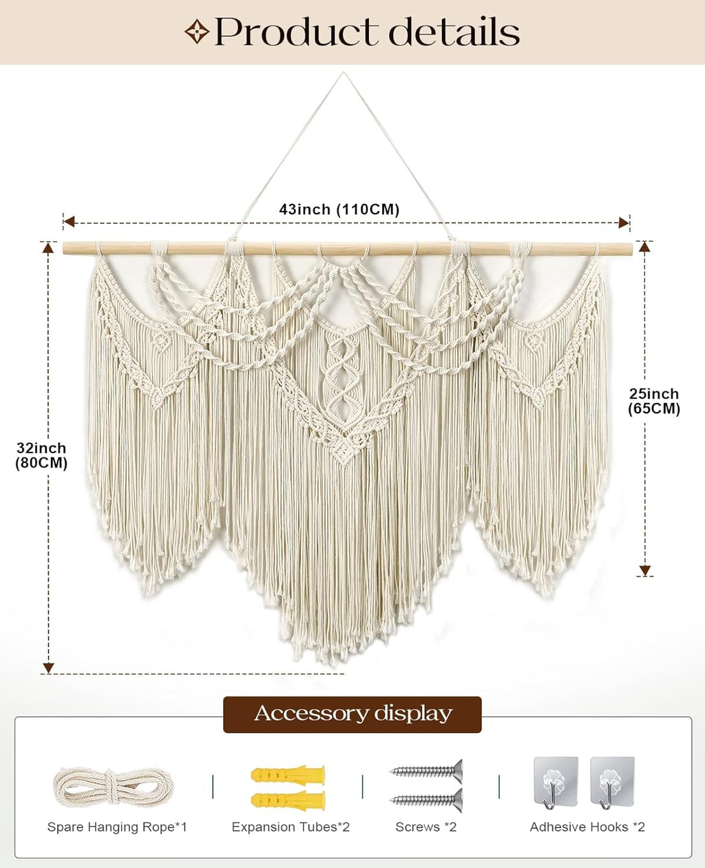 Tempospark Large Macrame Wall Hanging, 43" Wx32 L Boho Wall Hangings for Living Room Bedroom Nursery, Boho Chic Large Macrame Tapestry for Bedroom Wall Decor (Tassel)
