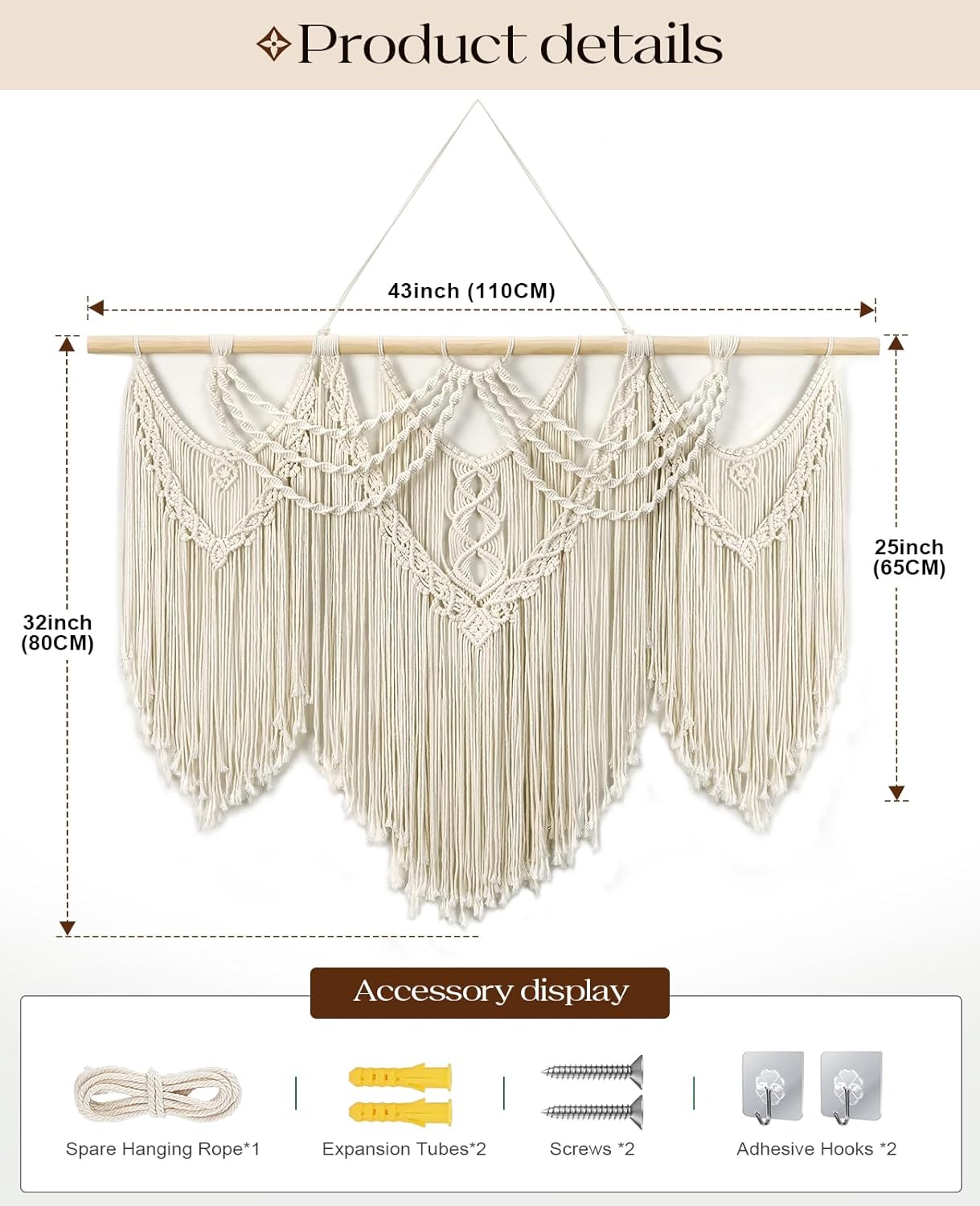 Tempospark Large Macrame Wall Hanging, 43" Wx32 L Boho Wall Hangings for Living Room Bedroom Nursery, Boho Chic Large Macrame Tapestry for Bedroom Wall Decor (Tassel)
