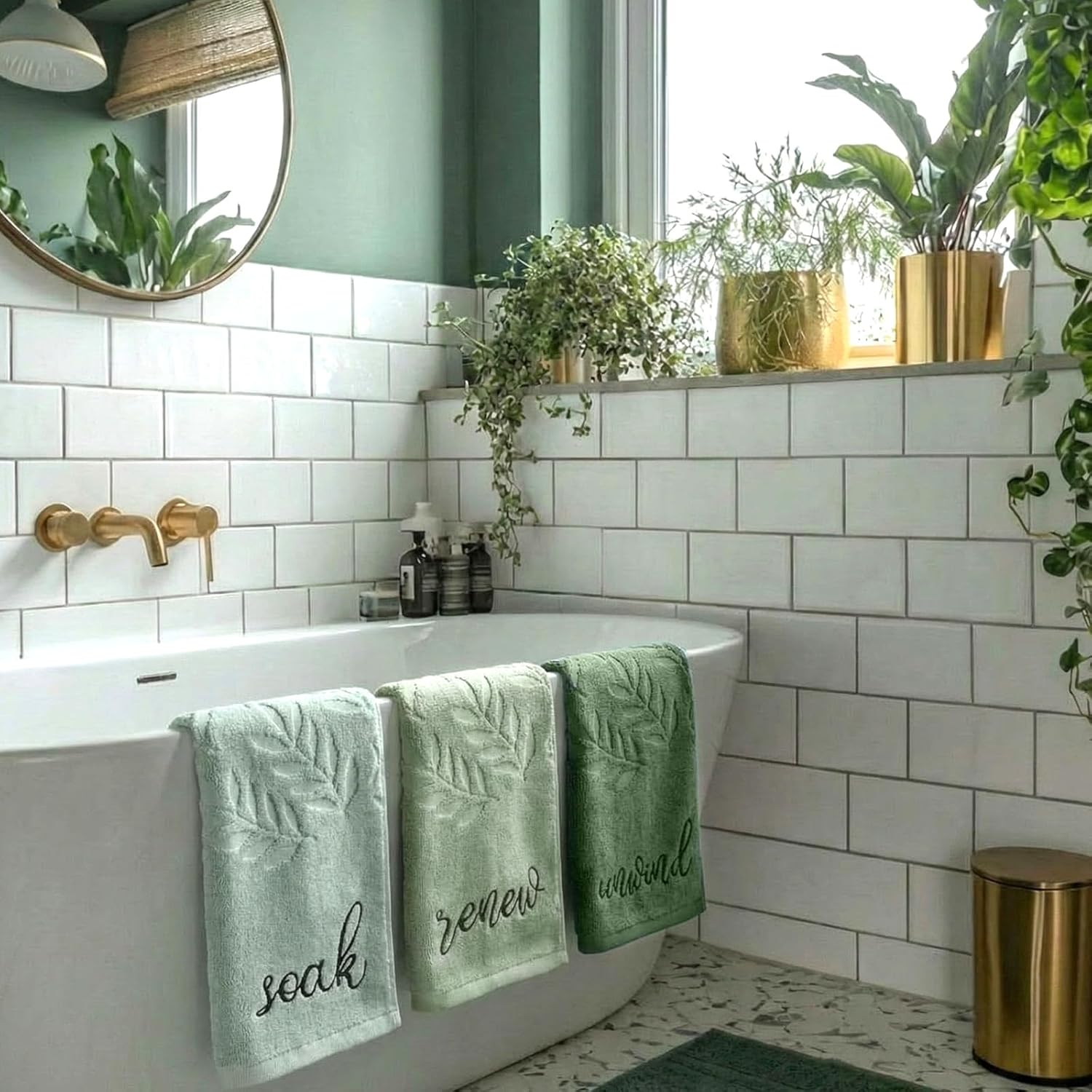 Moukeren 3 Pcs Sage Green Hand Towels for Bathroom 100% Cotton Jacquard Embroidered Soak Unwind Breathe Bath Towels Bathroom Spa Kitchen Dishcloth Gift Set Farmhouse Decorations(Green Leaves)