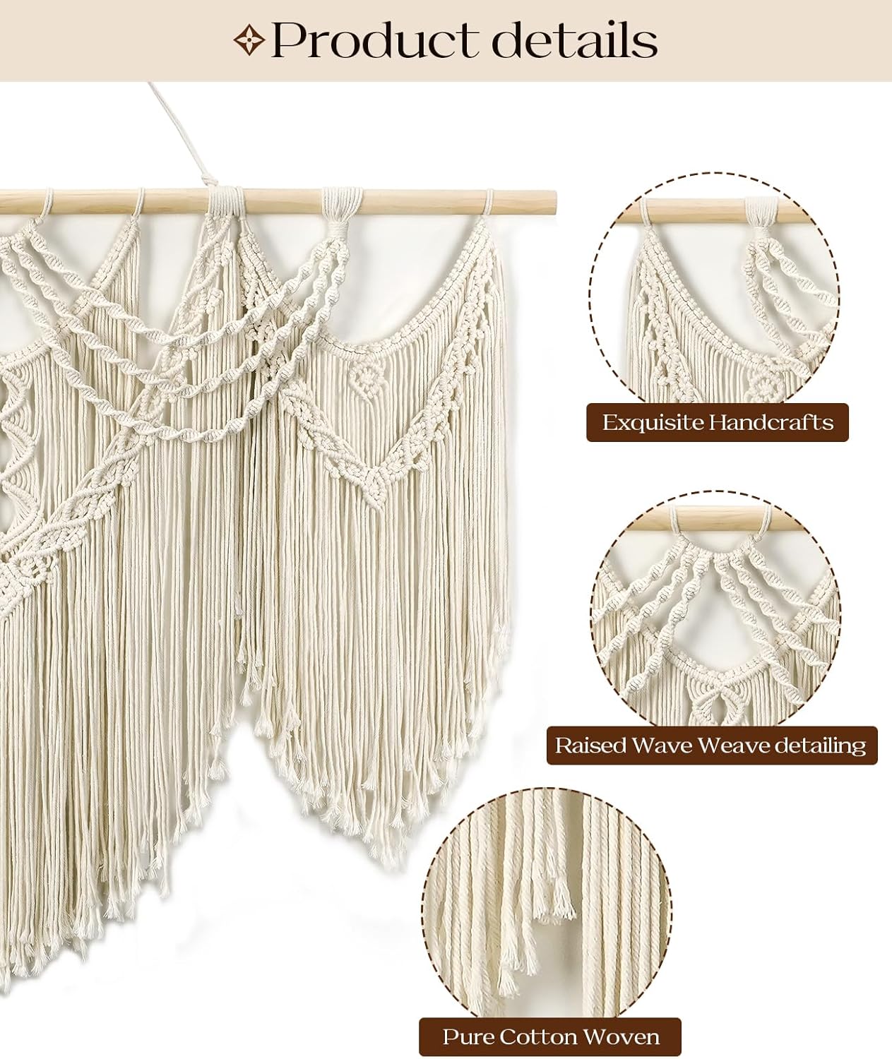 Tempospark Large Macrame Wall Hanging, 43" Wx32 L Boho Wall Hangings for Living Room Bedroom Nursery, Boho Chic Large Macrame Tapestry for Bedroom Wall Decor (Tassel)
