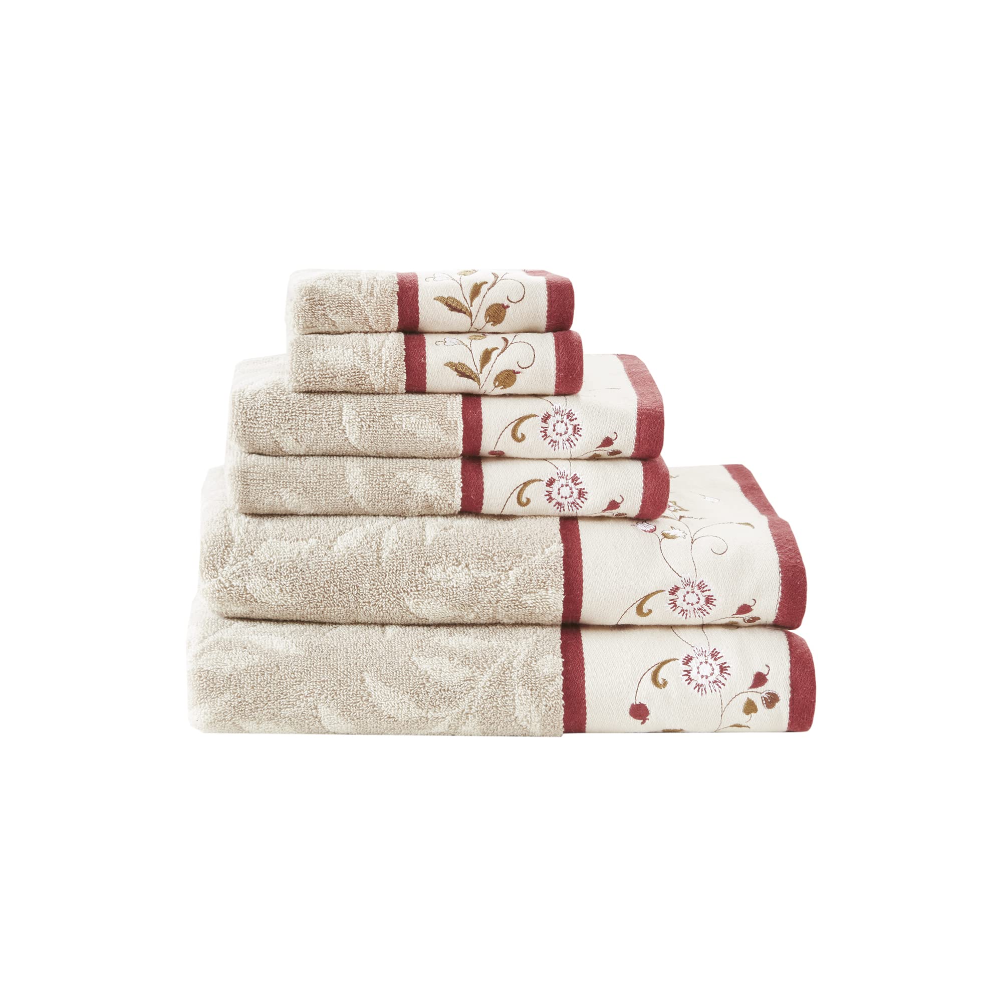 Madison Park Serene 100% Cotton Bath Towel Set Luxurious Floral Decorative Towels for Bathroom Embroidered Cotton Jacquard Design Soft Highly Absorbent for Shower 600 GSM, Multi-Sizes, Green 6 Piece