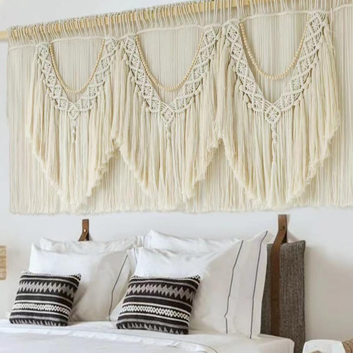 IOWER Boho Woven Wall Hanging Handwoven Brown and White Geometric Tapestry Handmade Macrame Decor for Modern Bedroom Living Room Apartment Office Home 47" W x 35" L