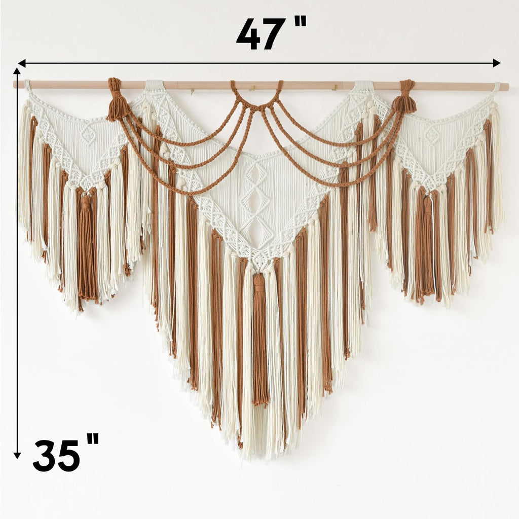 IOWER Boho Woven Wall Hanging Handwoven Brown and White Geometric Tapestry Handmade Macrame Decor for Modern Bedroom Living Room Apartment Office Home 47" W x 35" L