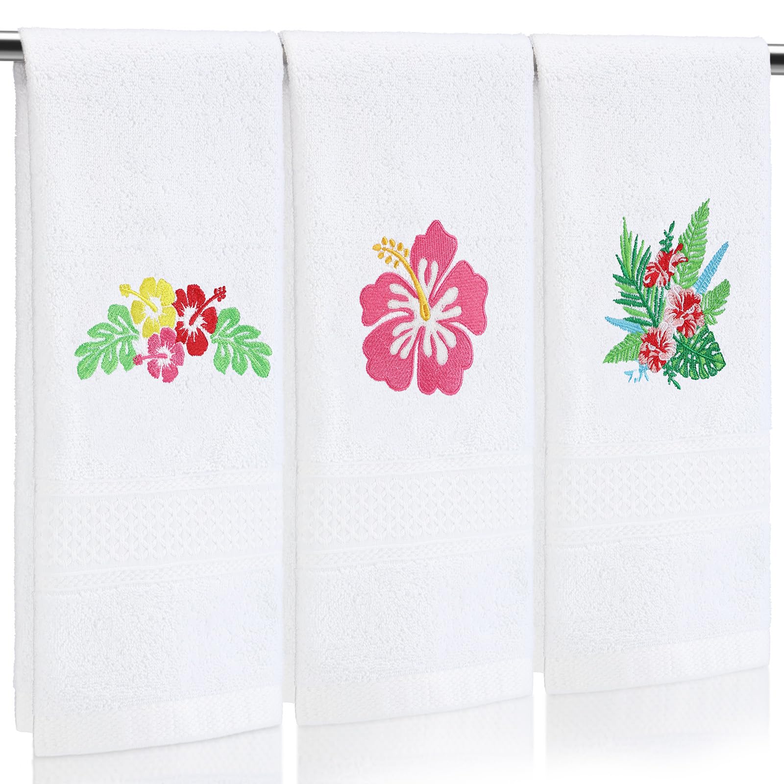 3 Pcs Hand Towels for Bathroom Embroidered Cotton Kitchen Towels 13.3" x 29.5" Decors Gift(White,Spring Flowers)