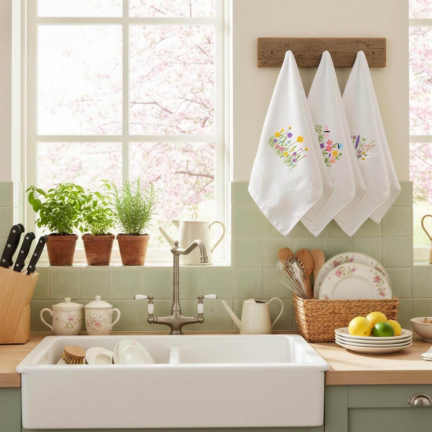 3 Pcs Hand Towels for Bathroom Embroidered Cotton Kitchen Towels 13.3" x 29.5" Decors Gift(White,Spring Flowers)