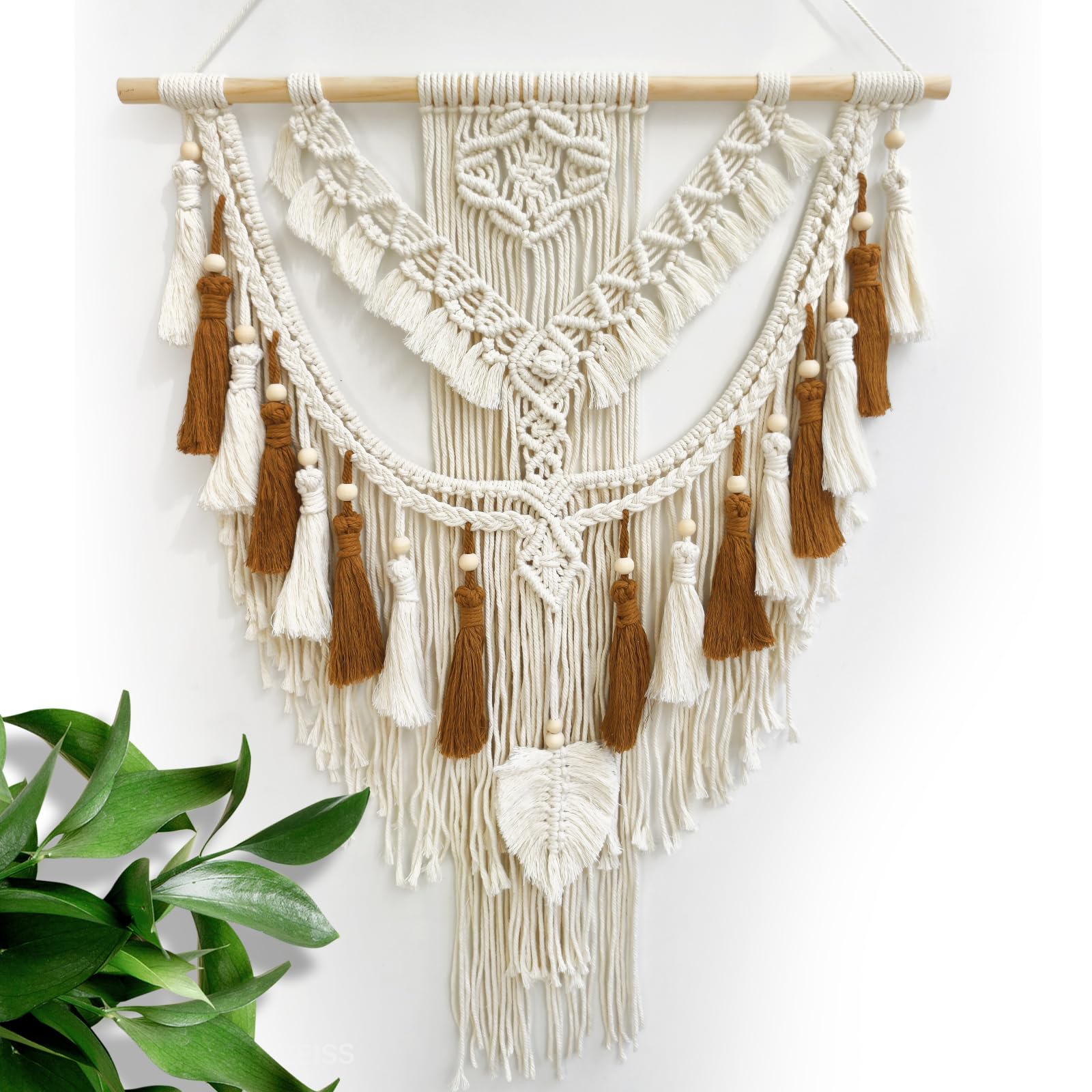 Macrame Wall Hanging, Woven Tapestry Beige & Dusty Rose Handmade Craft Macrame Wall Decor, Gallery & Nursery, Size 37.4” Lx27.5” W
