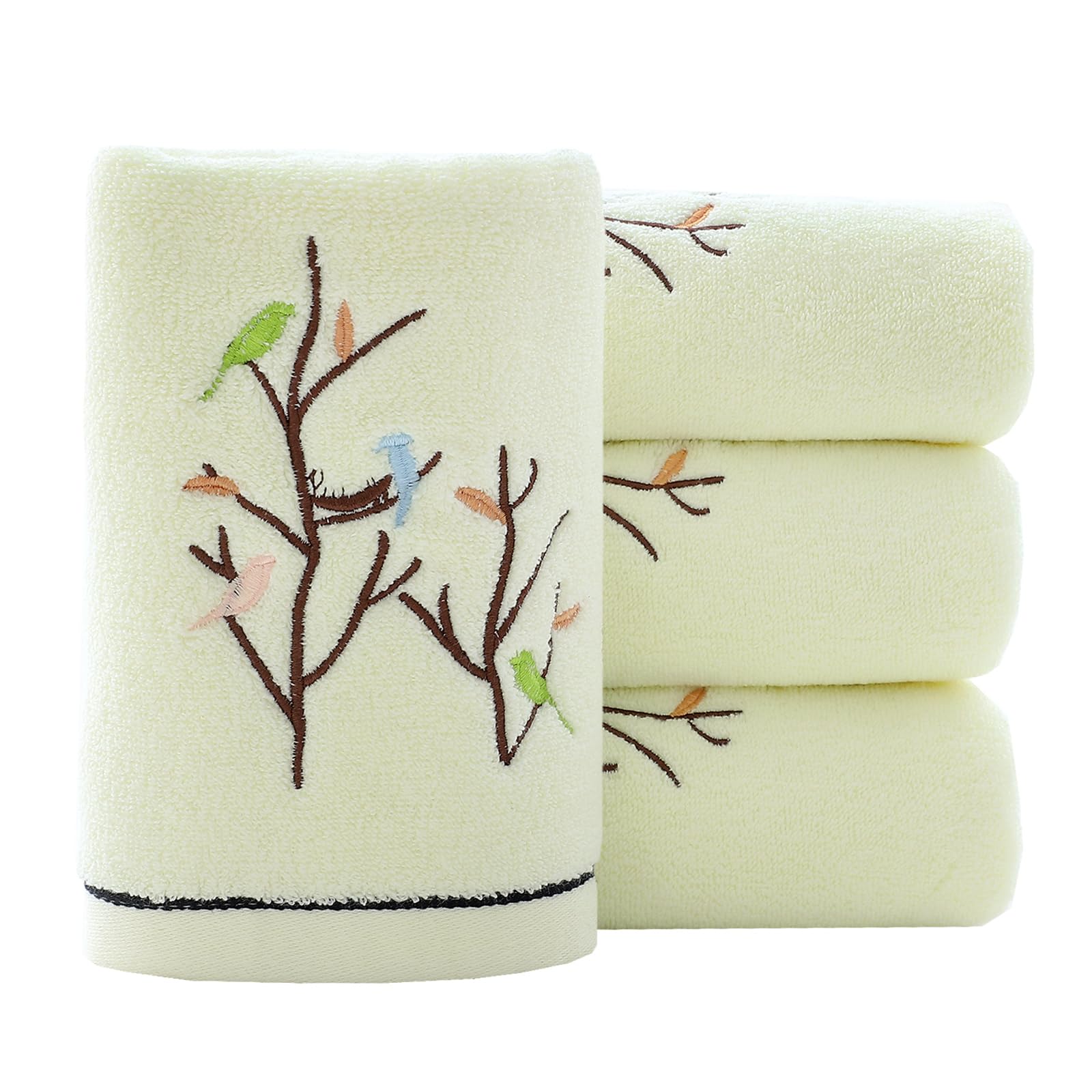 Pidada Hand Towels Set of 4 Embroidered Bird Tree Pattern 100% Cotton Absorbent Soft Decorative Towel for Bathroom (Aqua Green)