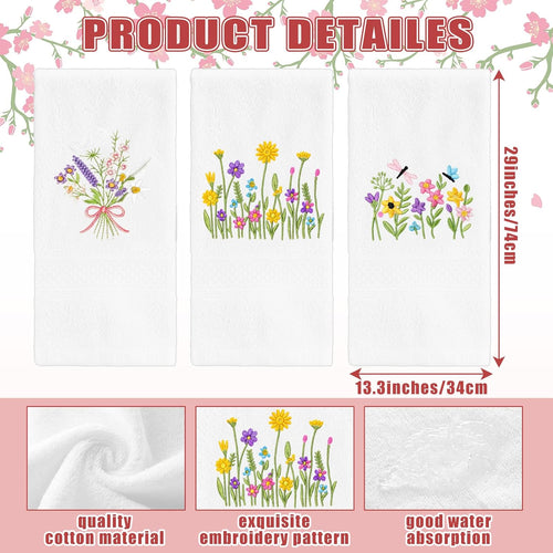 3 Pcs Hand Towels for Bathroom Embroidered Cotton Kitchen Towels 13.3" x 29.5" Decors Gift(White,Spring Flowers)
