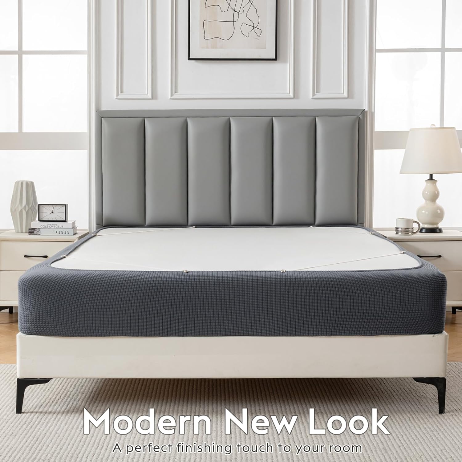 MIYE Jacquard Fabric Box Spring Cover,Super Stretchy Wrap Around 4 Sides Elastic Bed Skirt,Wrinkle & Fading Resistant,Washable & Easy Fit. (Dark Grey, King)