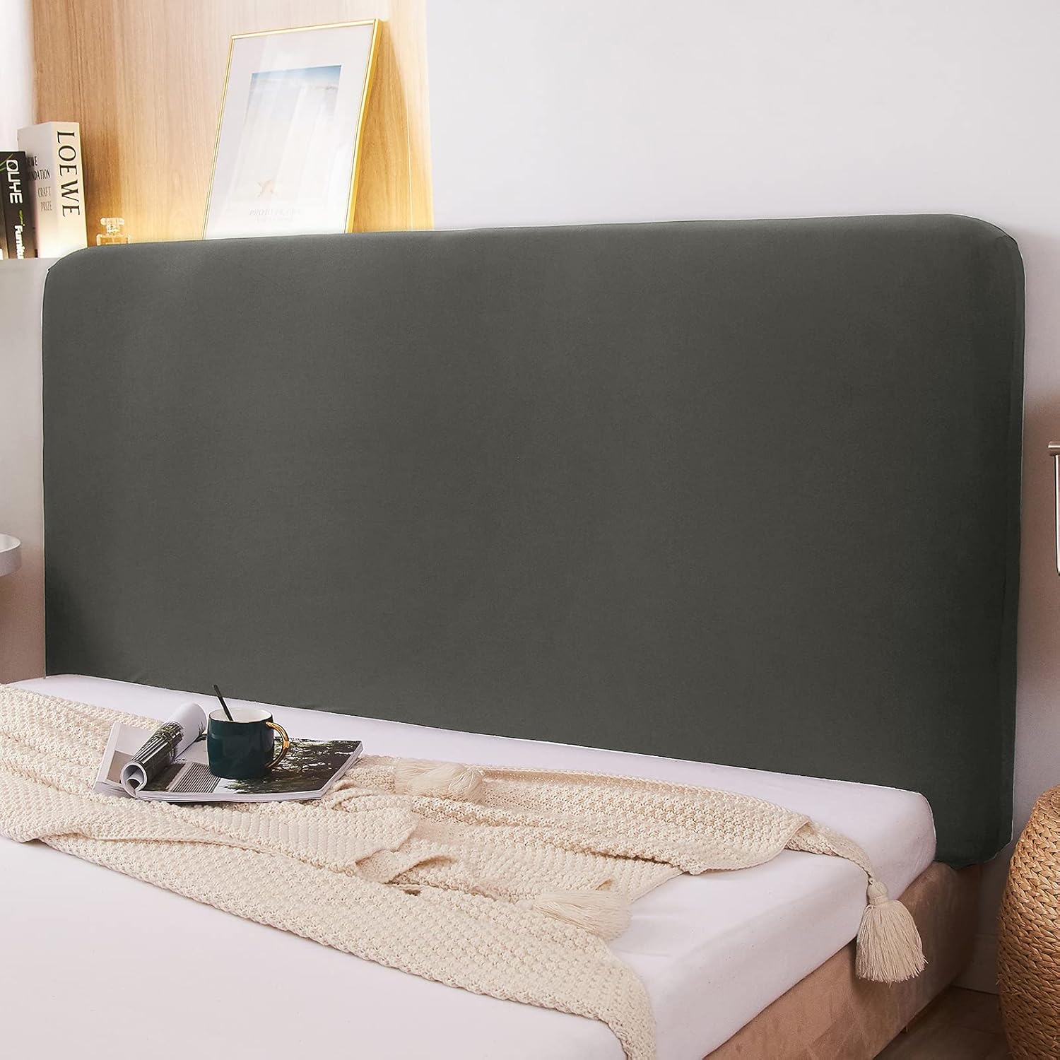 WOMACO Stretch Bed Headboard Slipcover 180 GSM Thick Fabric Solid Color Dustproof Bed Head Protector Cover for Bedroom Décor (Dark Gray, 59-67")