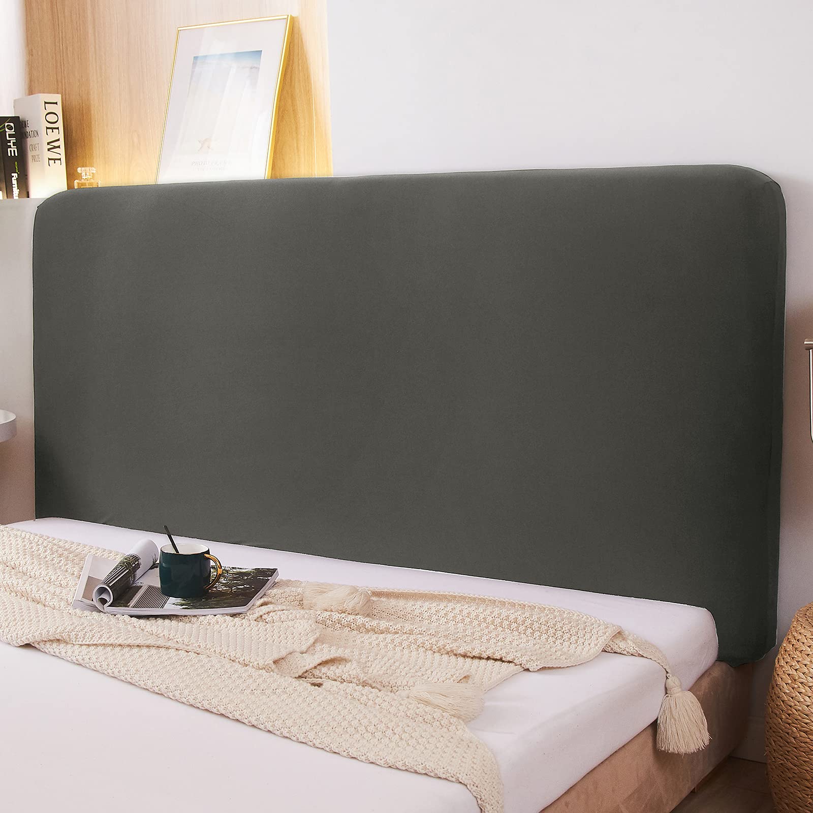 WOMACO Stretch Bed Headboard Slipcover 180 GSM Thick Fabric Solid Color Dustproof Bed Head Protector Cover for Bedroom Décor (Dark Gray, 59-67")