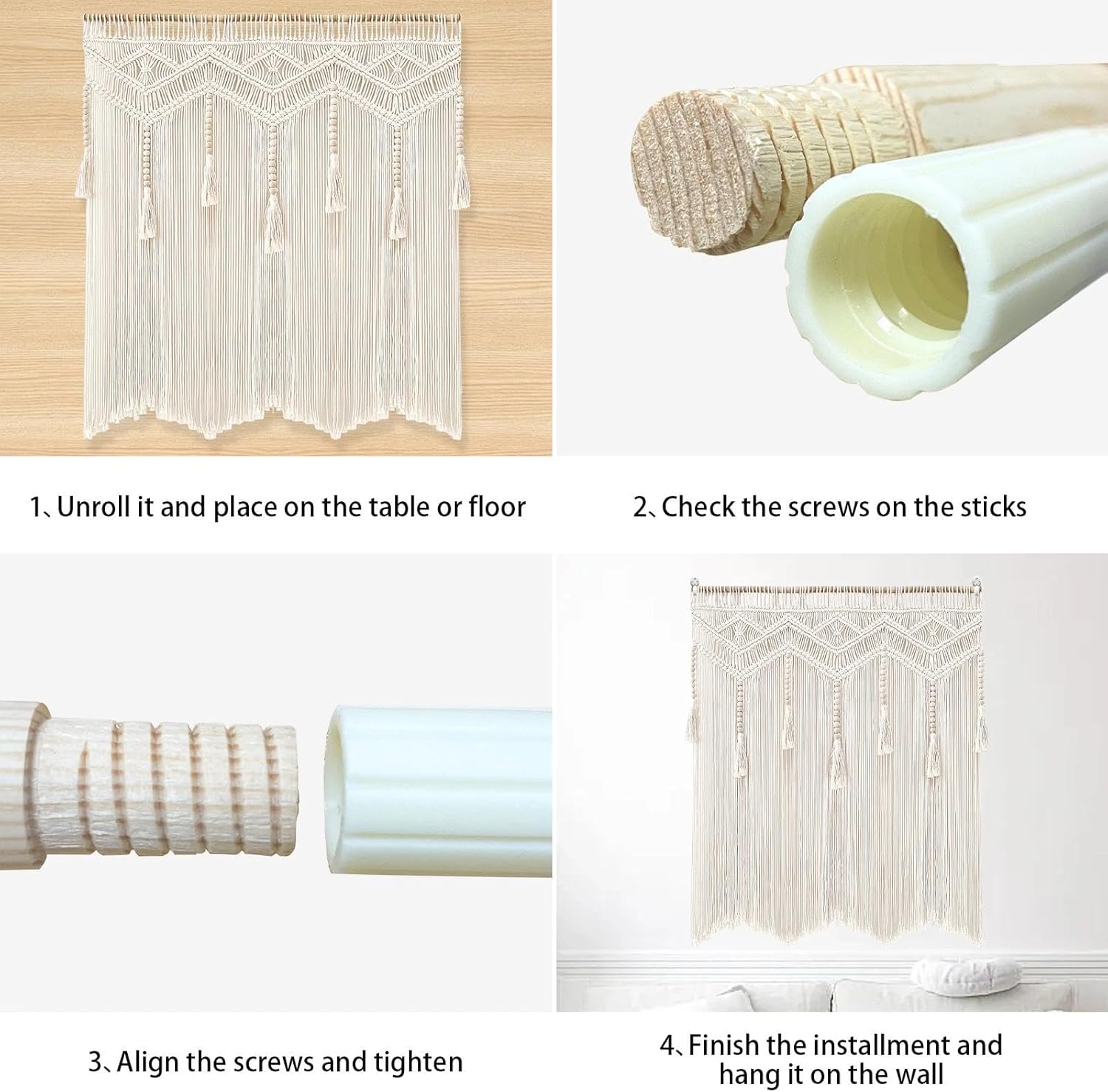 onaner Boho Wall Macrame Hanging with Wooden Rod,Boho Wall Hangings Woven Tapestry,Natural Cotton Handwoven Tapestry,Macrame Decor for Windows,Walls,and Above Bed Decor,36"x42"