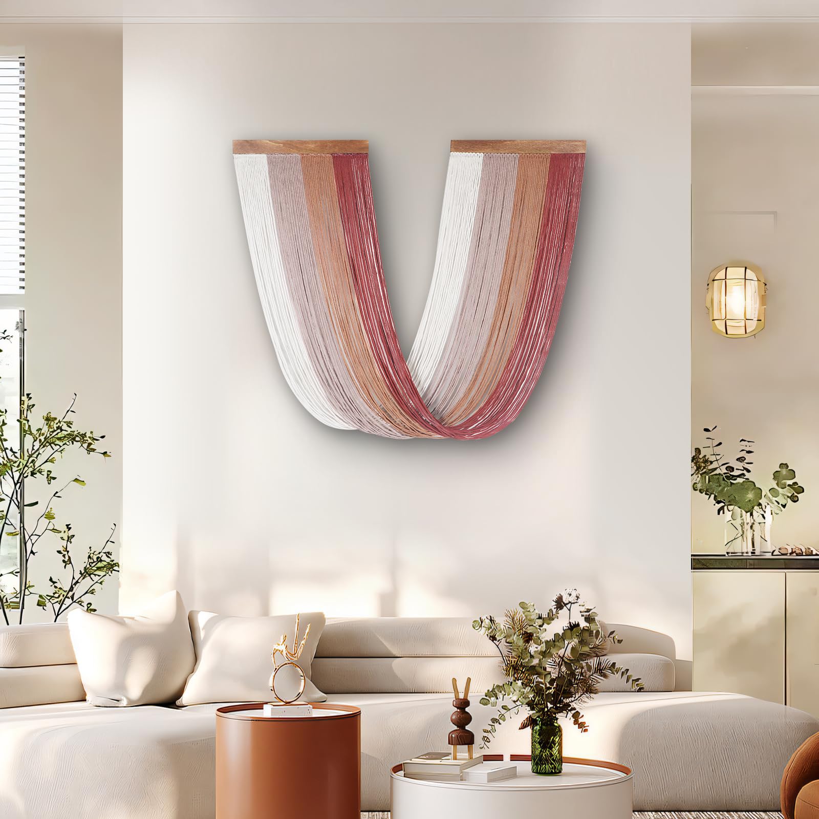 Macrame Wall Hanging, Woven Tapestry Beige & Dusty Rose Handmade Craft Macrame Wall Decor, Gallery & Nursery, Size 37.4” Lx27.5” W