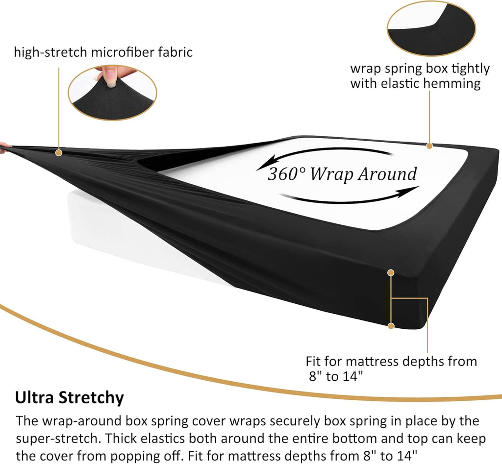 PiccoCasa Box Spring Cover Stretchy Fabric Wrap Around 4 Sides Bed Skirt Wrinkle Free for Home, Elastic Mattress Cover Fits Mattress Up to 14 Queen Black