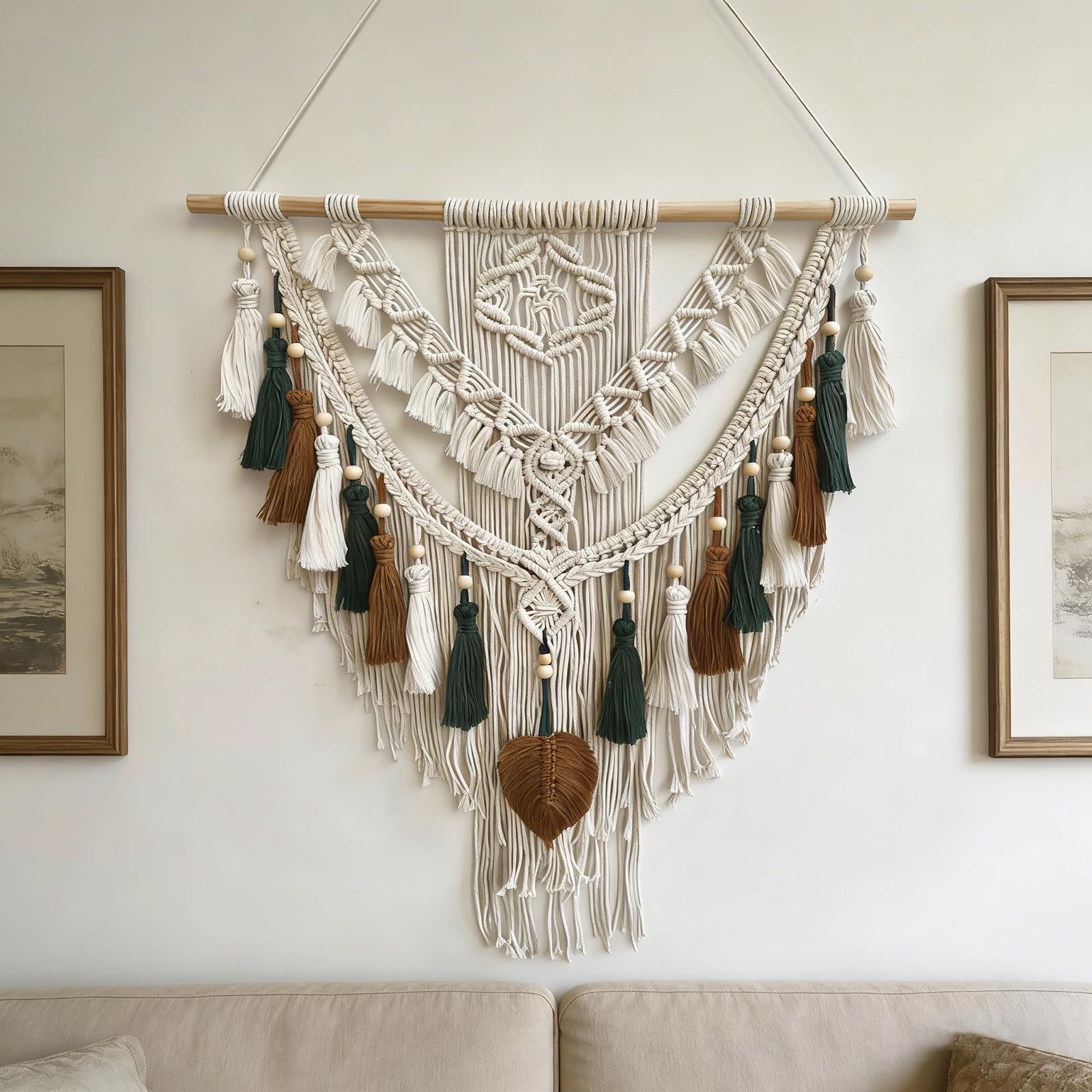 Macrame Wall Hanging, Woven Tapestry Beige & Dusty Rose Handmade Craft Macrame Wall Decor, Gallery & Nursery, Size 37.4” Lx27.5” W