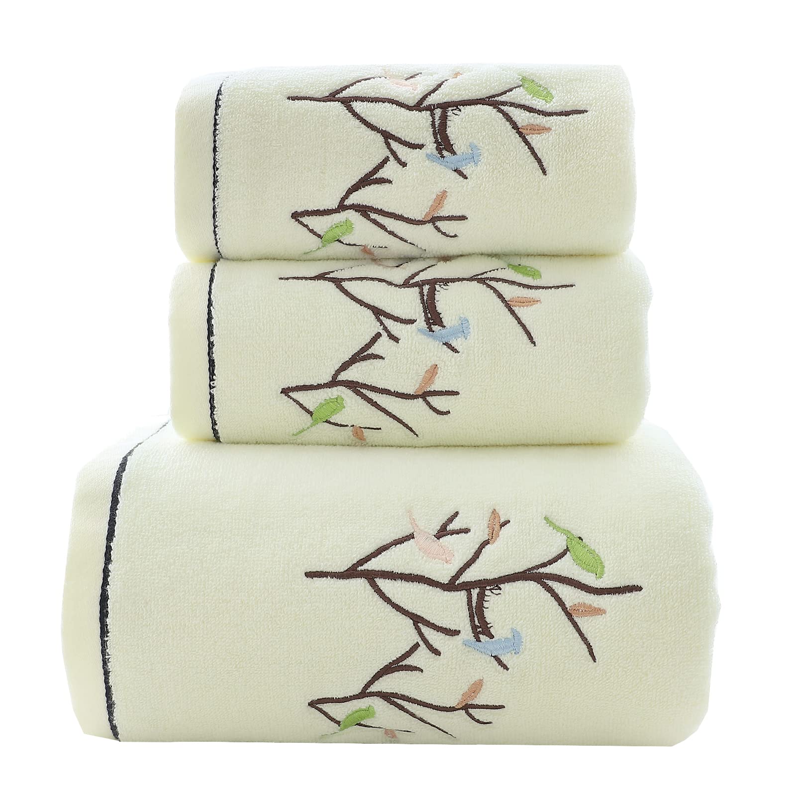 Pidada Hand Towels Set of 4 Embroidered Bird Tree Pattern 100% Cotton Absorbent Soft Decorative Towel for Bathroom (Aqua Green)