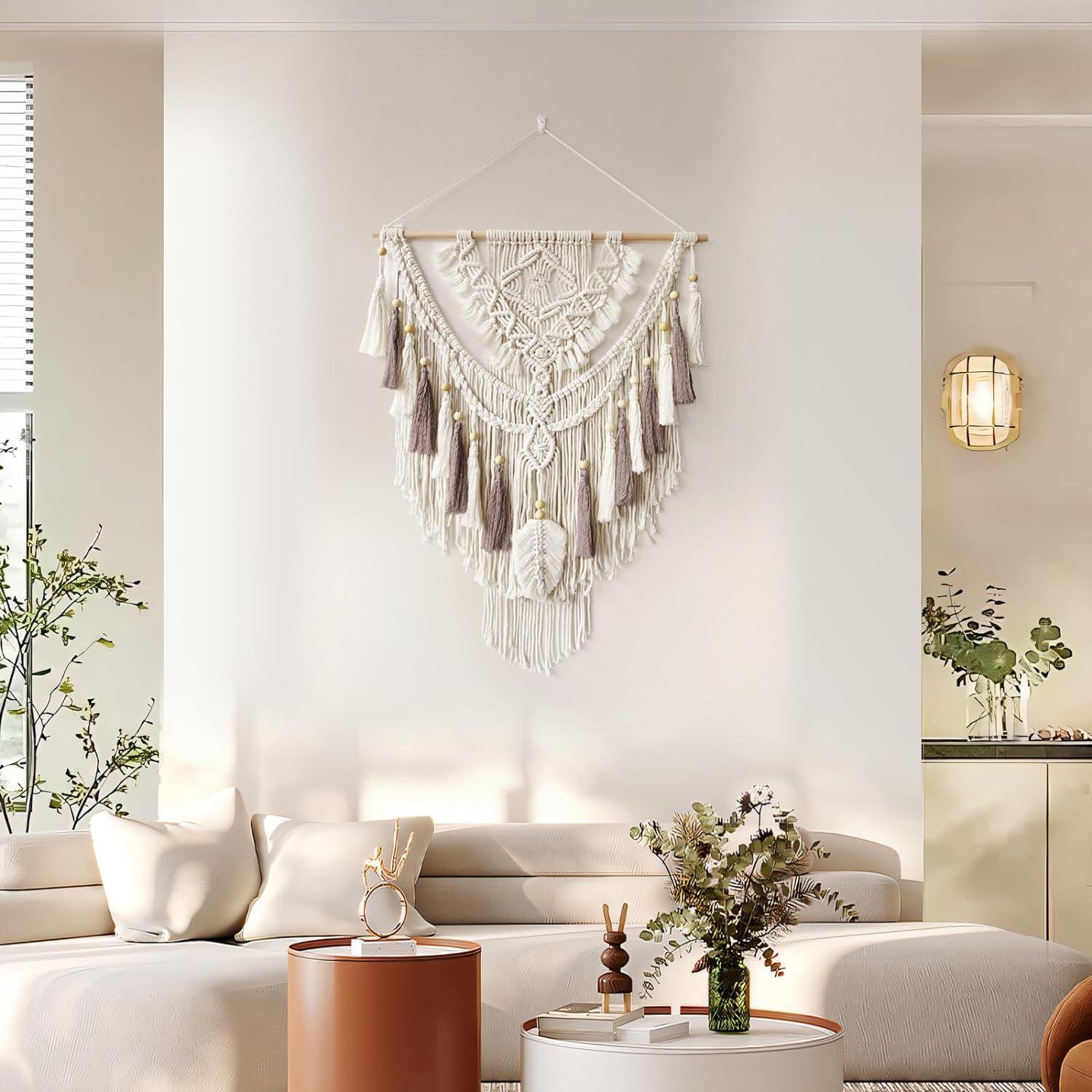 Macrame Wall Hanging, Woven Tapestry Beige & Dusty Rose Handmade Craft Macrame Wall Decor, Gallery & Nursery, Size 37.4” Lx27.5” W