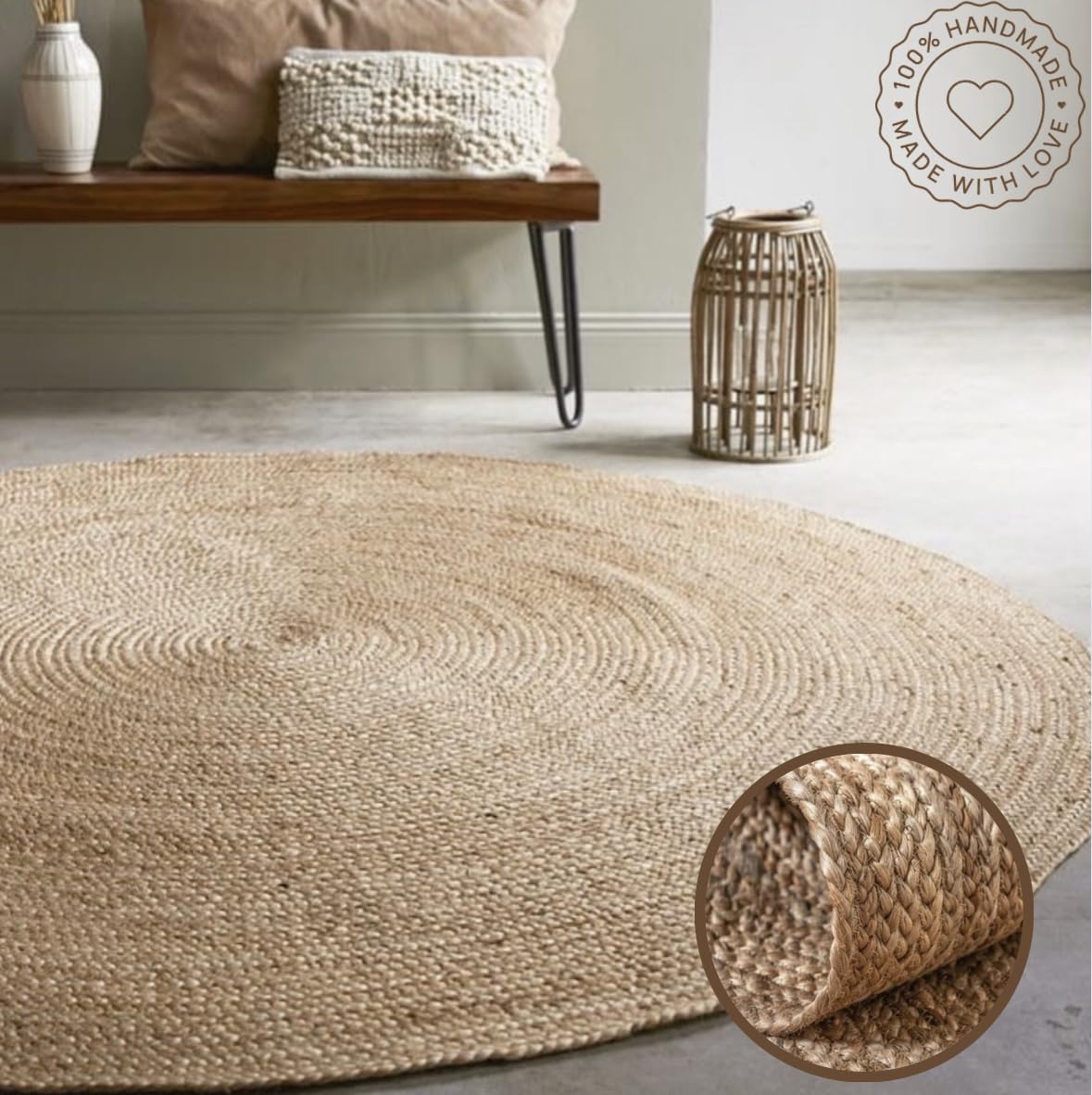 FRELISH DECOR Handwoven Jute Area Rug - 2x3 feet - Natural Yarn - Rustic Vintage Beige Braided Reversible Rug - Eco Friendly Rugs for Bedroom - Kitchen - Living Room - Farmhouse (2'x3')