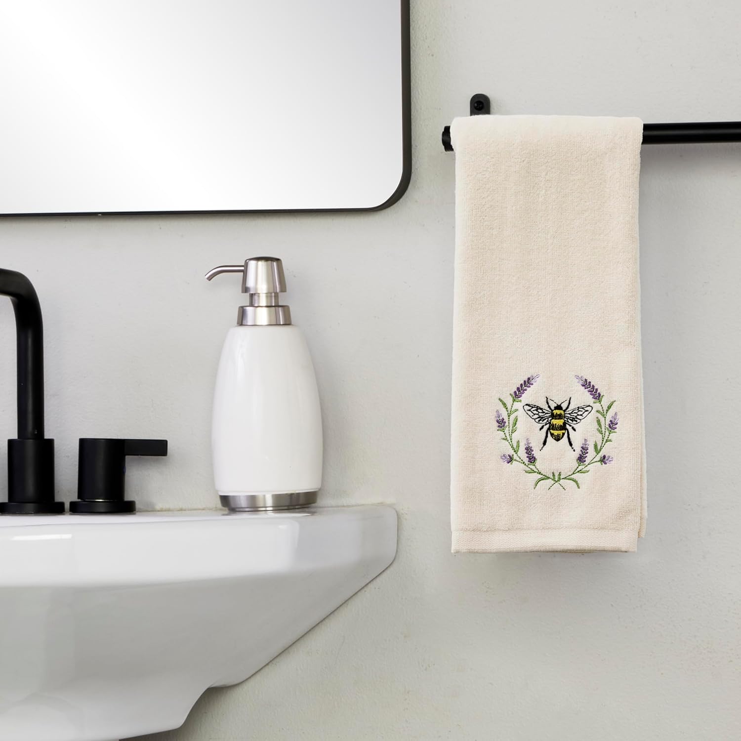 SKL Home Bee Lavender 100% Cotton Embroidered 2pc Hand Towel Set, Decorative for Bath/Kitchen/Bar & Gift, Natural