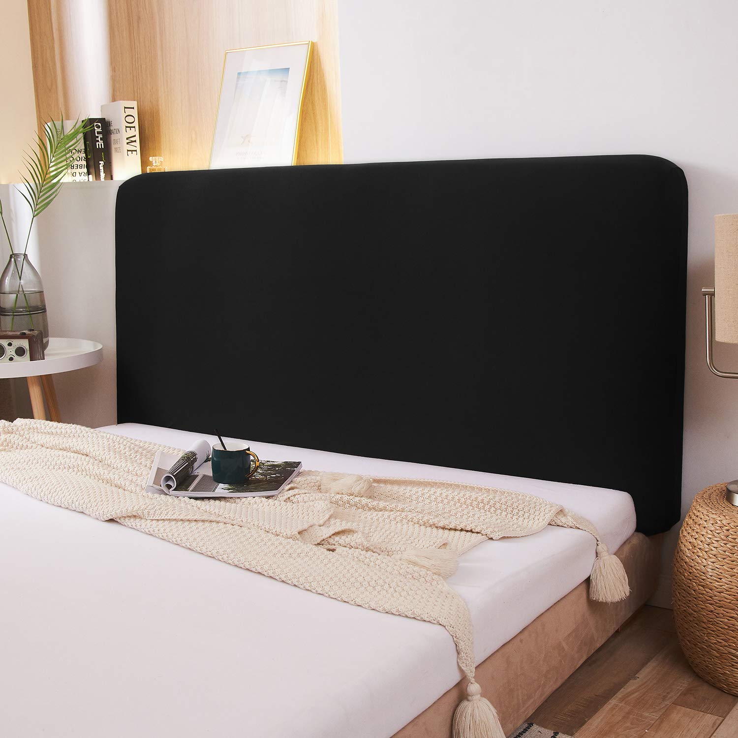 WOMACO Stretch Bed Headboard Slipcover 180 GSM Thick Fabric Solid Color Dustproof Bed Head Protector Cover for Bedroom Décor (Dark Gray, 59-67")