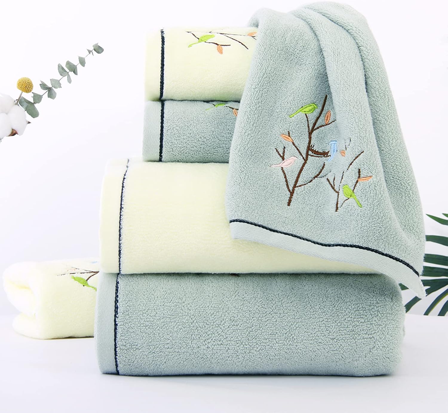 Pidada Hand Towels Set of 4 Embroidered Bird Tree Pattern 100% Cotton Absorbent Soft Decorative Towel for Bathroom (Aqua Green)