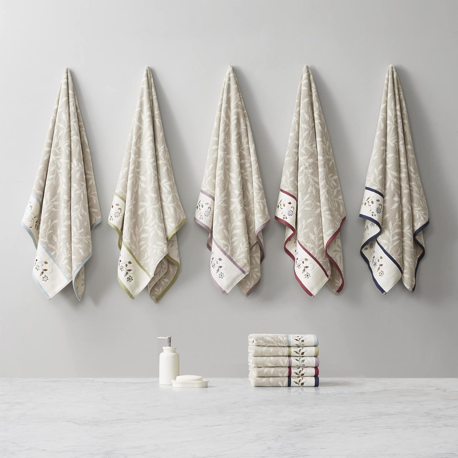 Madison Park Serene 100% Cotton Bath Towel Set Luxurious Floral Decorative Towels for Bathroom Embroidered Cotton Jacquard Design Soft Highly Absorbent for Shower 600 GSM, Multi-Sizes, Green 6 Piece