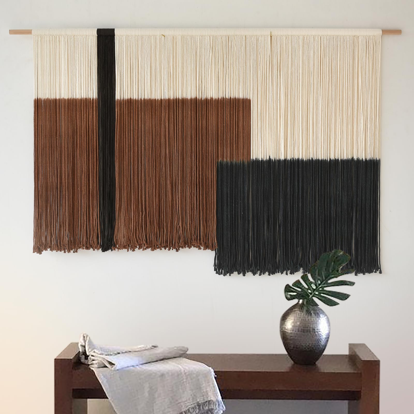 Flber Large Macrame Wall Hanging – Boho Yarn Art Garland with Tassels and Beads, Handmade Rope Decor for Nursery, Party, Wedding, Bedroom, Fireplace Mantel, or Photo Backdrop 57" W x 41" L
