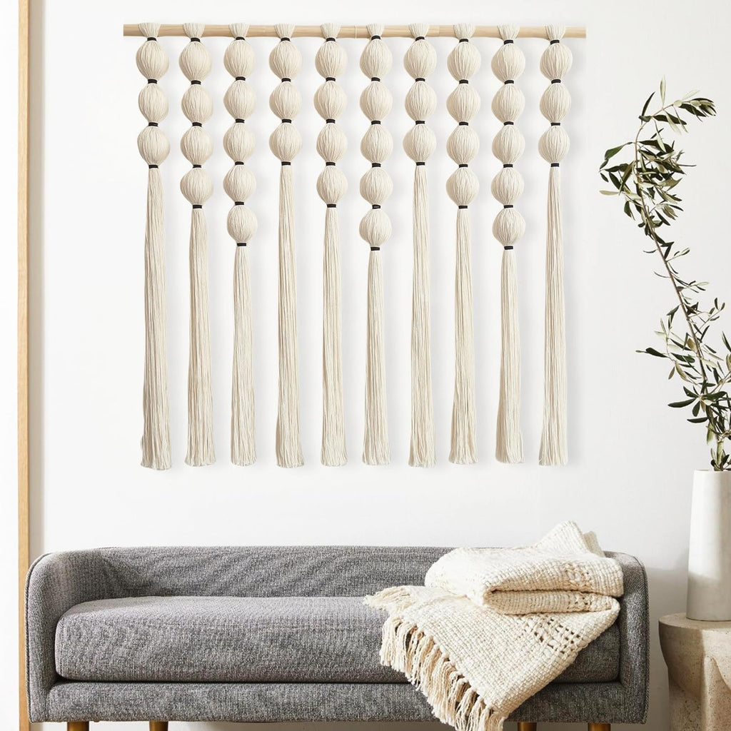 RUIZHIXUAN Large Macrame Wall Hanging Macrame Ball Wall Hangings Tapestry Cotton Textile Boho Wall Decor Art Bohemian headboard Handwoven 39" Wx38” L(Cream)