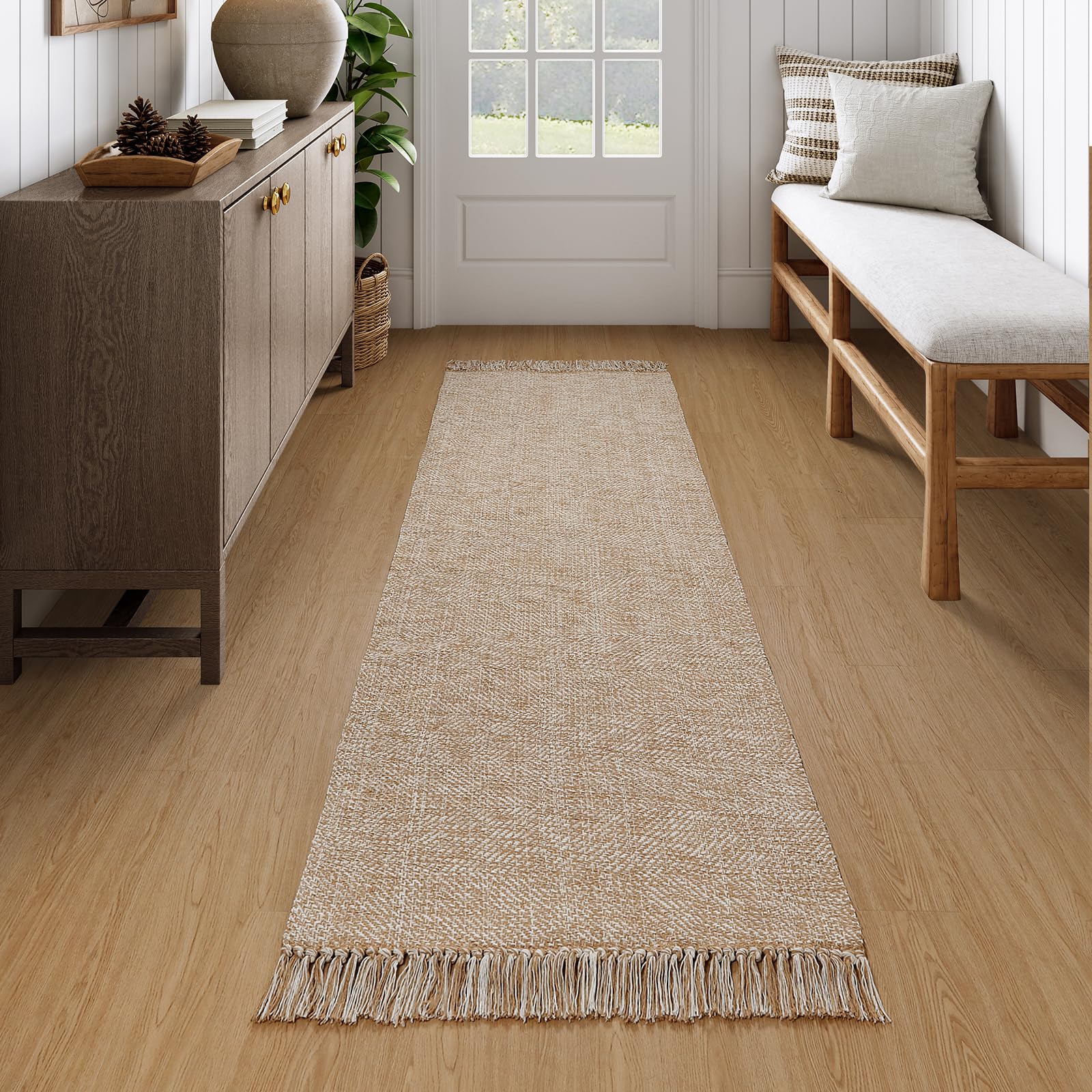 Collive Small Bathroom Rug, 2' x 3' Hand-Woven Low Profile Front Entryway Rug, Olive Green/Cream Cotton Reversible Washable Kitchen Mat Modern Farmhouse Carpet for Foyer Bedroom Back Door Decor